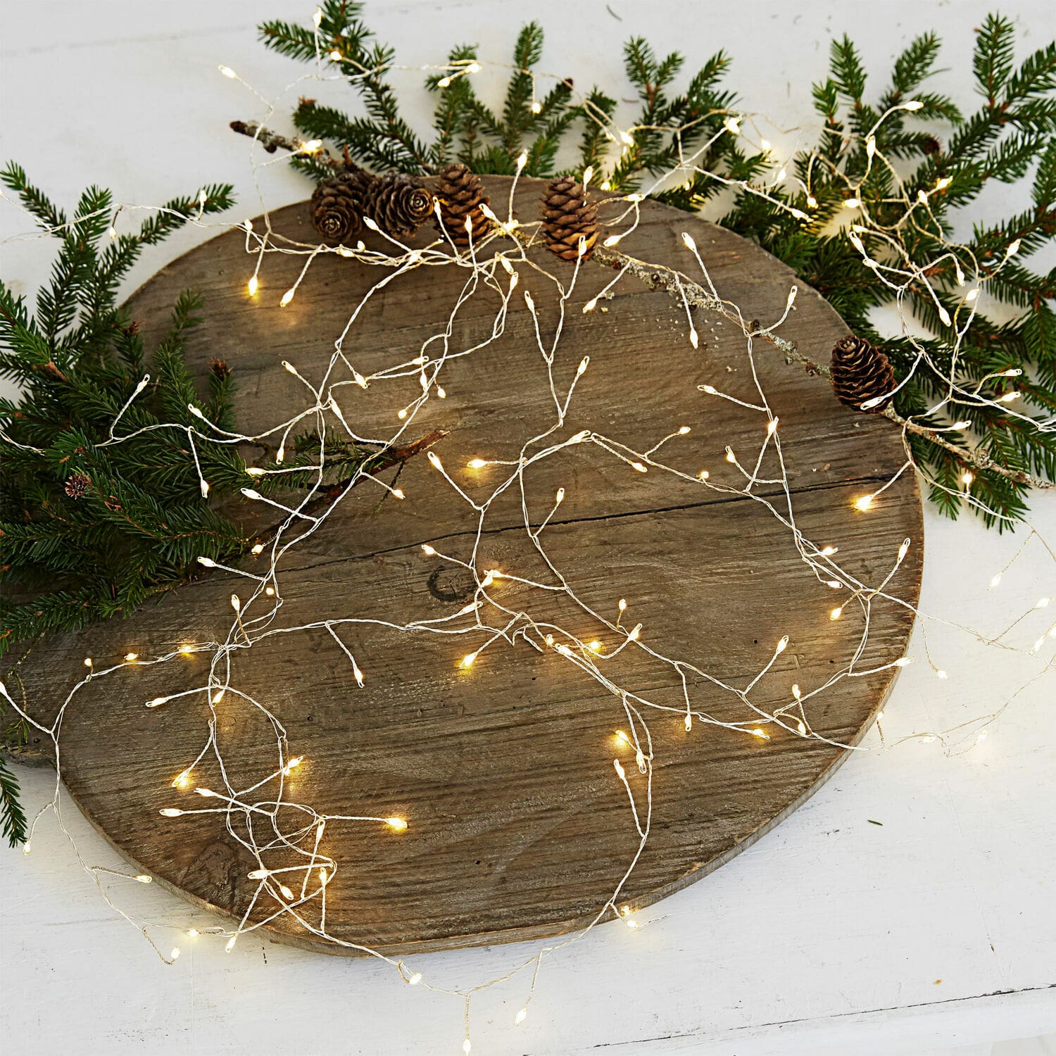 Catena luminosa a LED Minas Delicata catena luminosa LED calda su filo argento con pigne e rami verdi di abete
