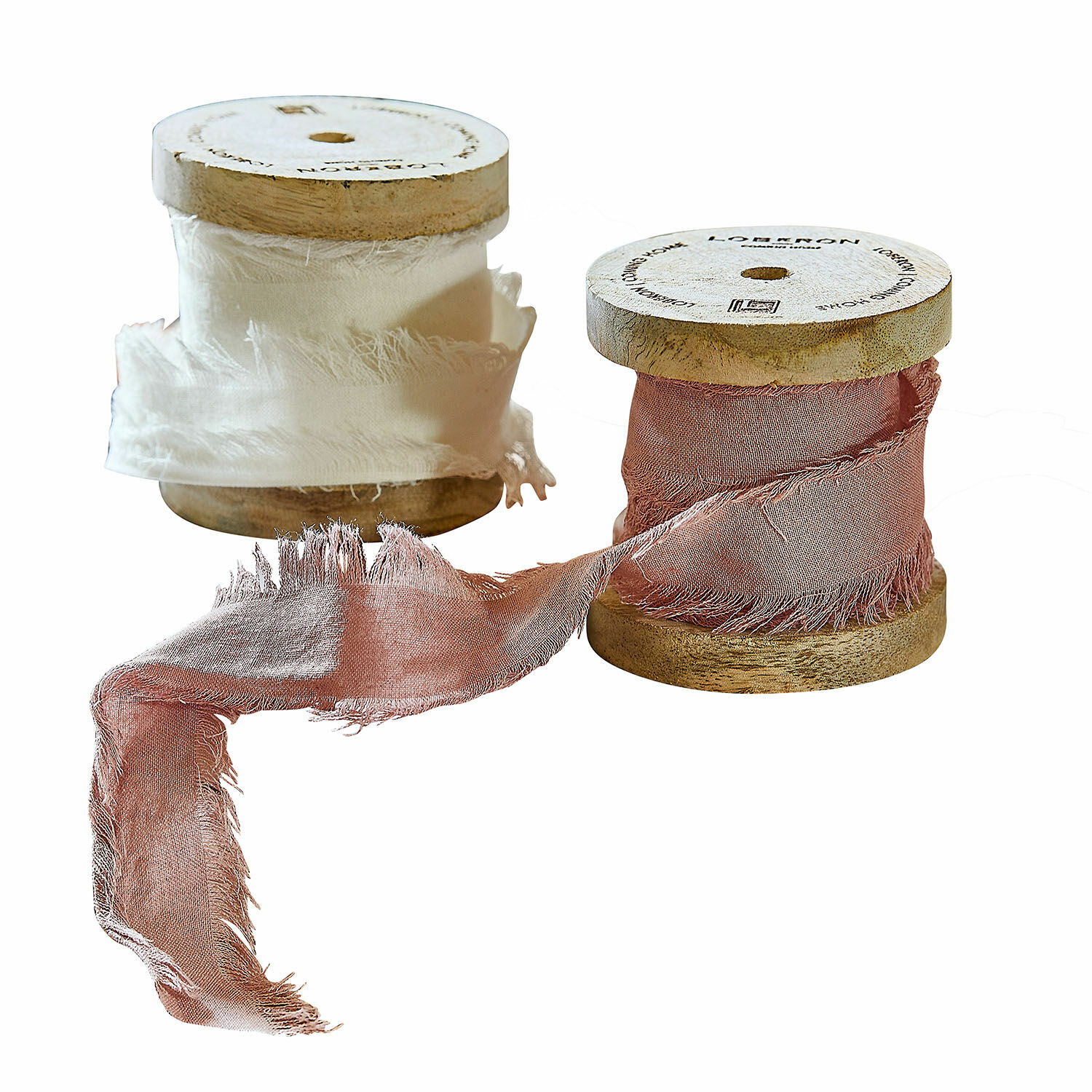 Coppia di nastri Valethor Bobine in legno con nastro di cotone bianco e rosa per decorazioni e lavori manuali