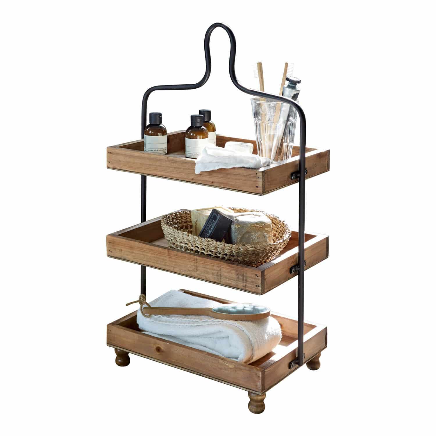 Alzata Lasse Scaffale a tre livelli in legno e metallo con accessori da bagno e asciugamani in colori naturali