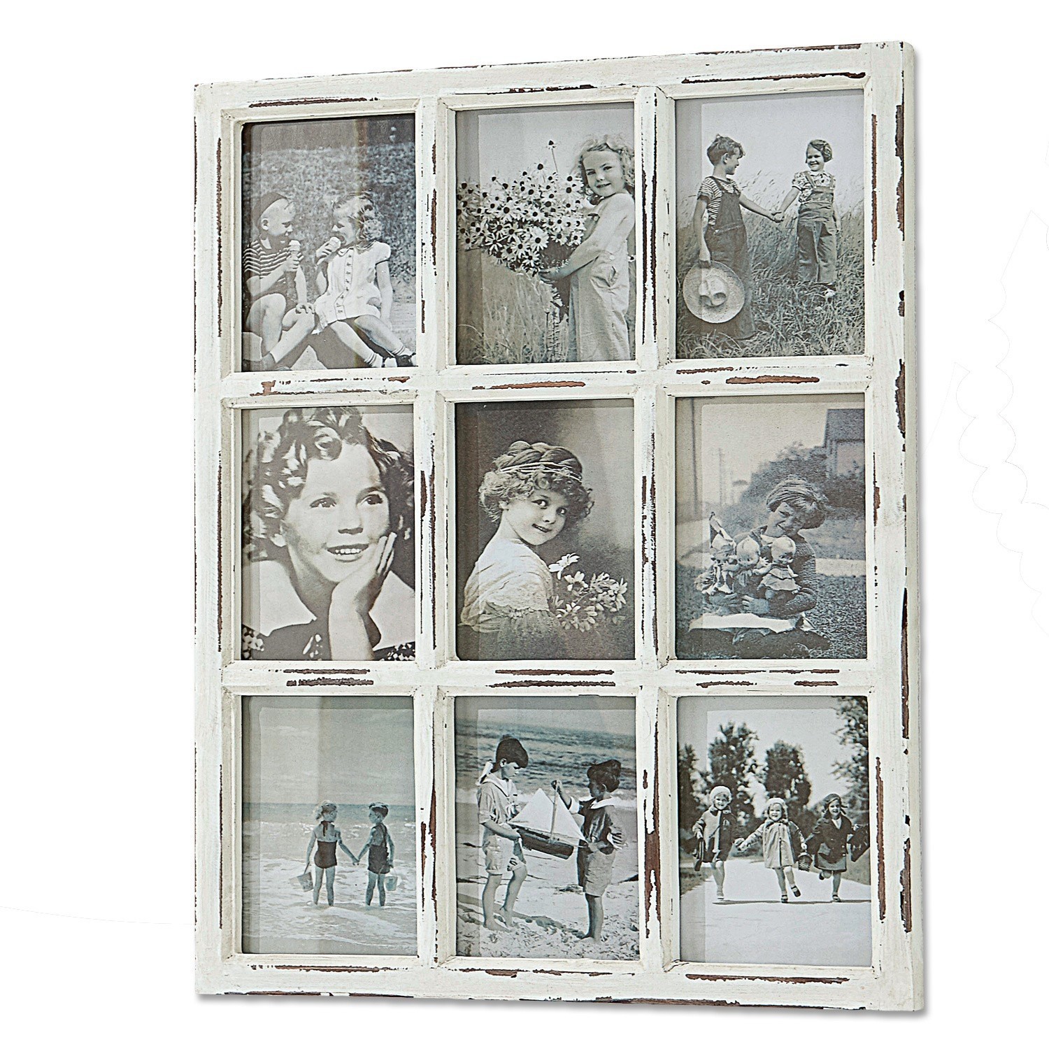 Cornici Vira Cornice rustica in legno bianco con nove foto in bianco e nero di bambini in stile vintage
