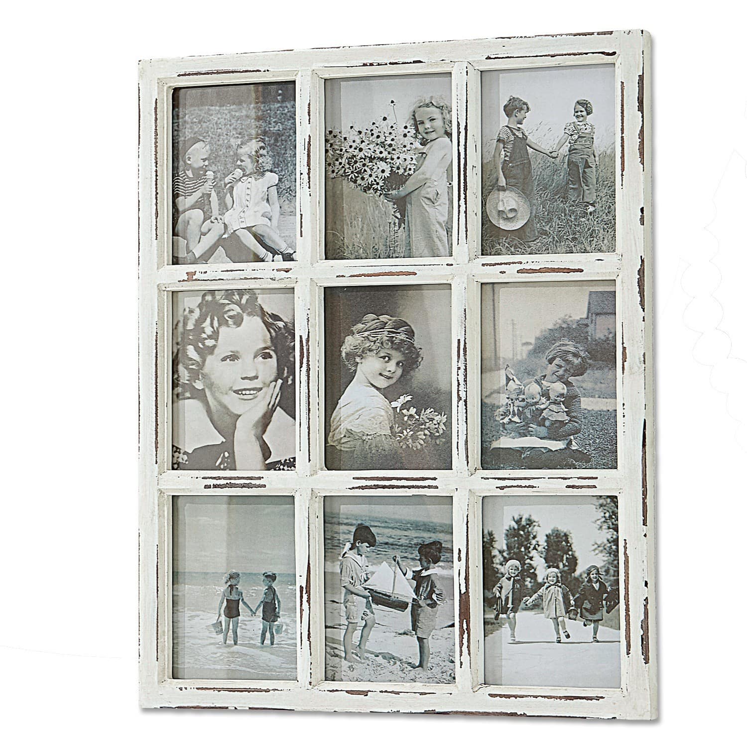 Cornici Vira Cornice rustica in legno bianco con nove foto in bianco e nero di bambini in stile vintage