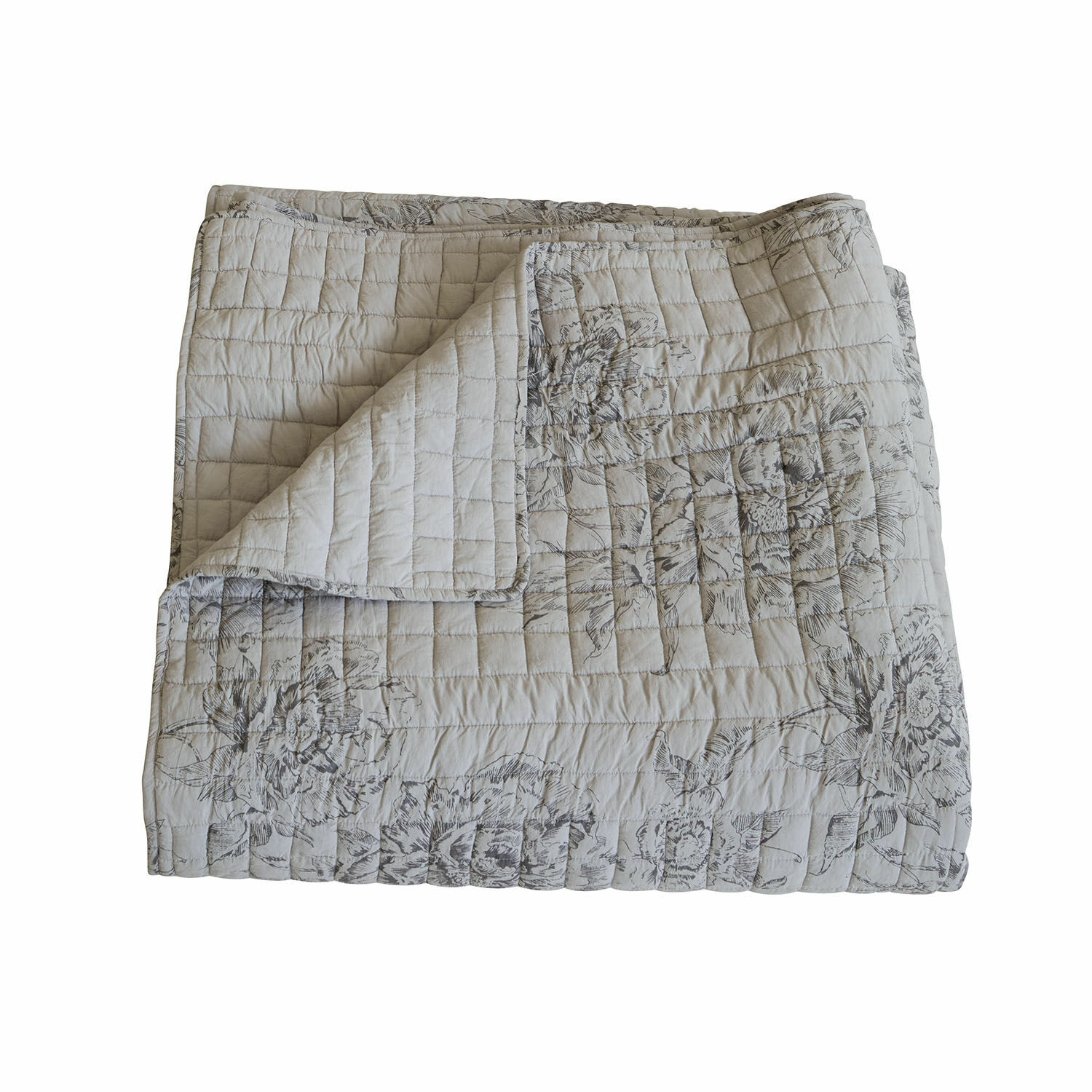 Trapunta Orrenwyn Coperta trapuntata in cotone beige chiaro con motivo floreale grigio, morbida e decorativa