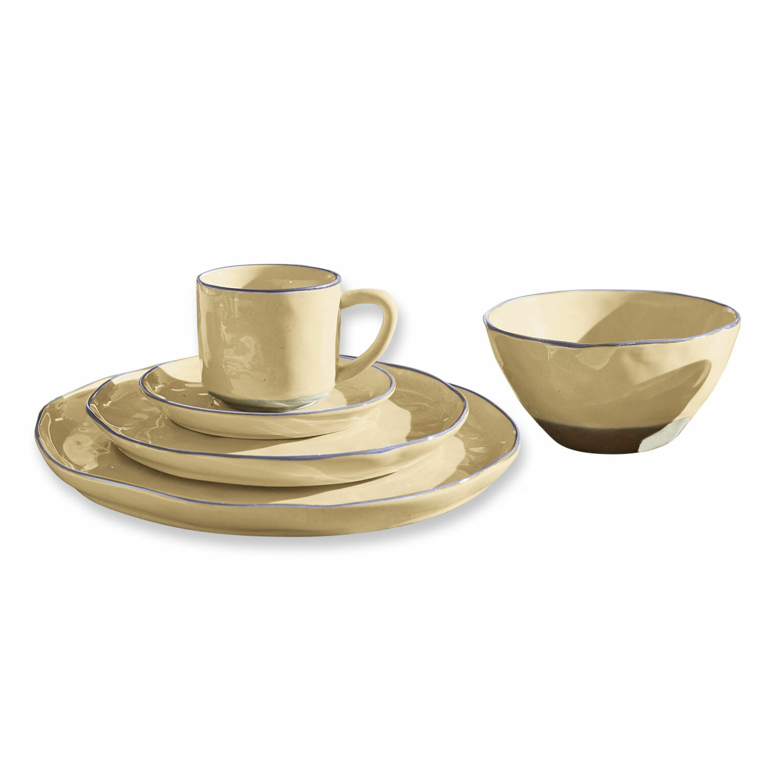 giallo Set di stoviglie Biarritz giallo in ceramica 30 pezzi con bordo blu sottile