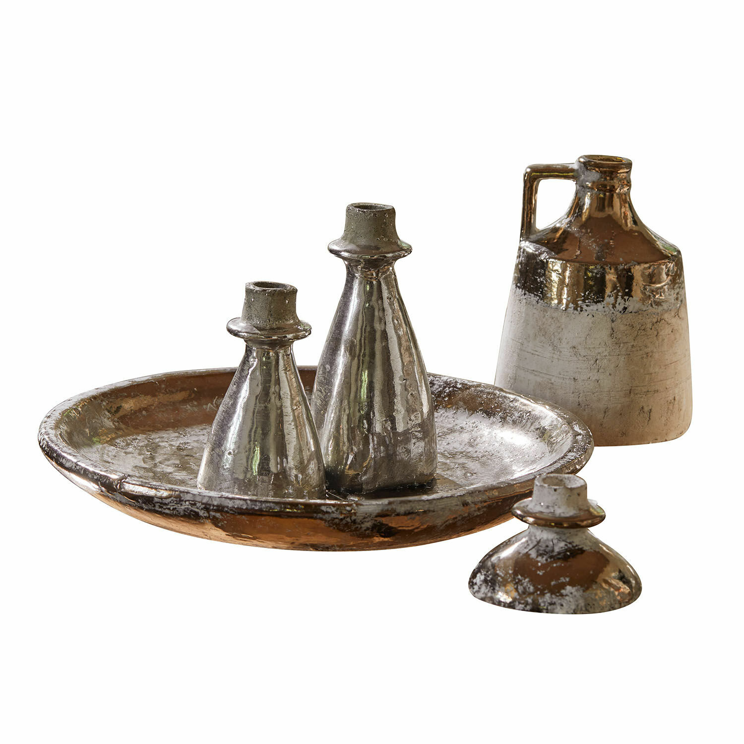 Vassoio con vasi Tameena Set decorativo in ceramica color argento e marrone con vassoio e bottiglie per interni vintage