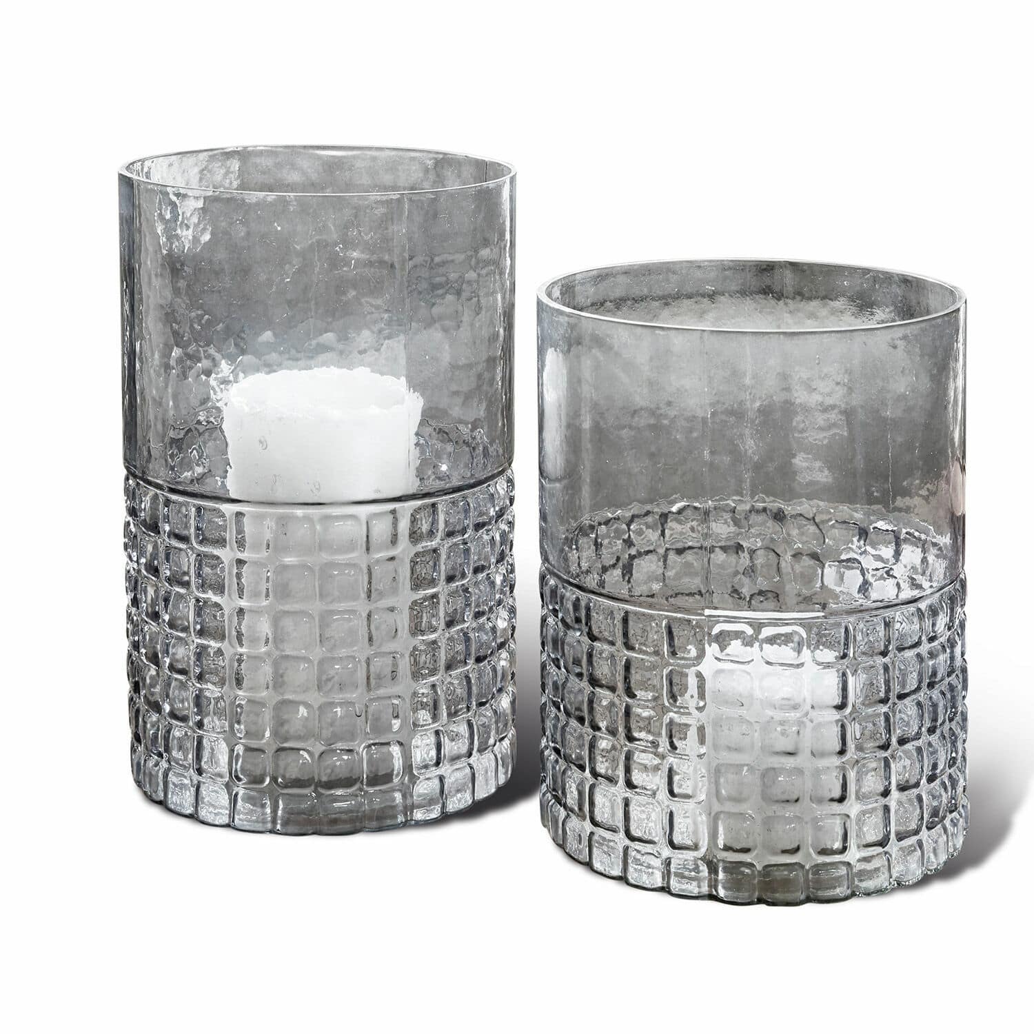 Coppia di portacandele Mandjes Set di due portacandele in vetro grigio strutturato per decorazioni d'interni eleganti