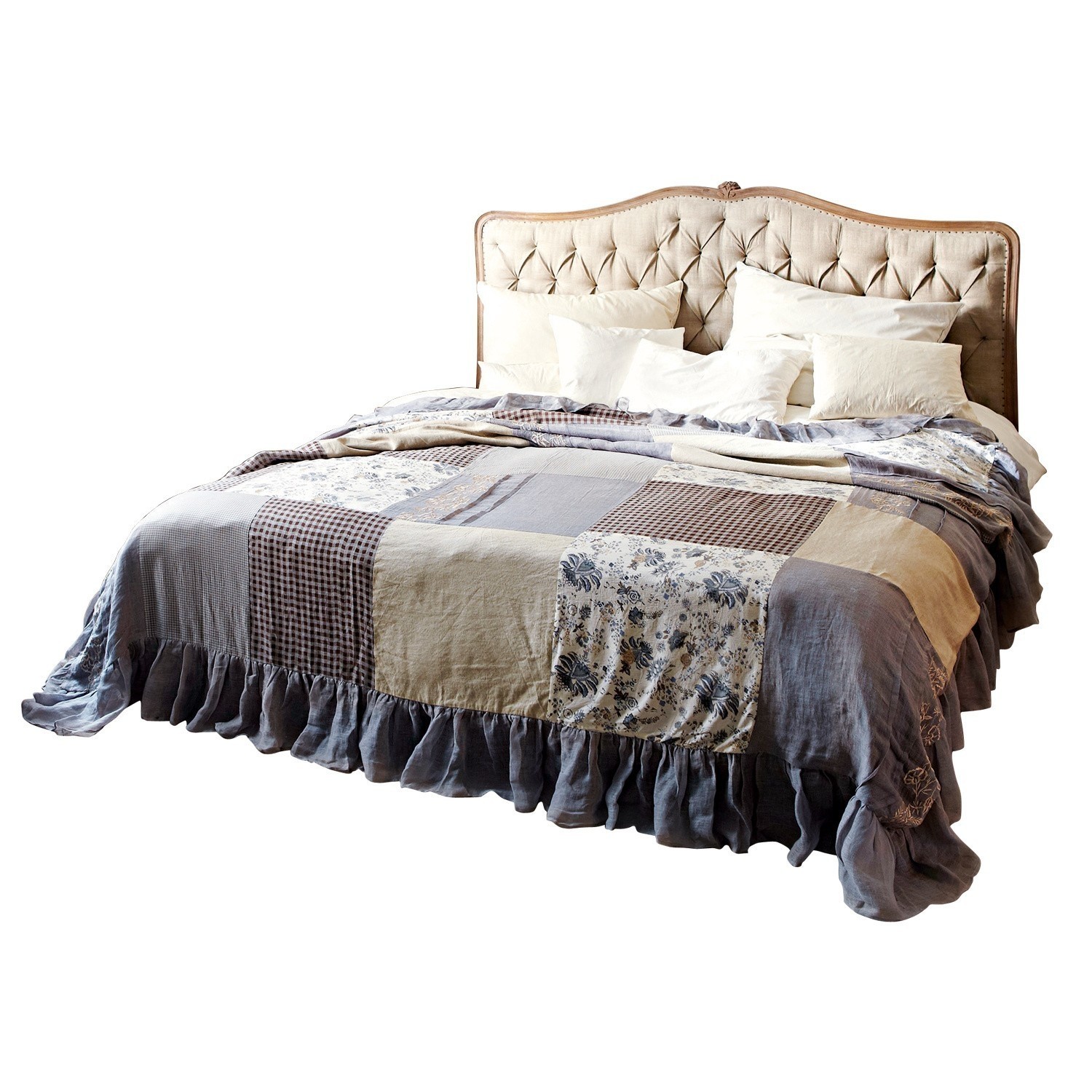 Letto Declaire Letto con testiera imbottita beige e copriletto patchwork in tonalità grigie e beige