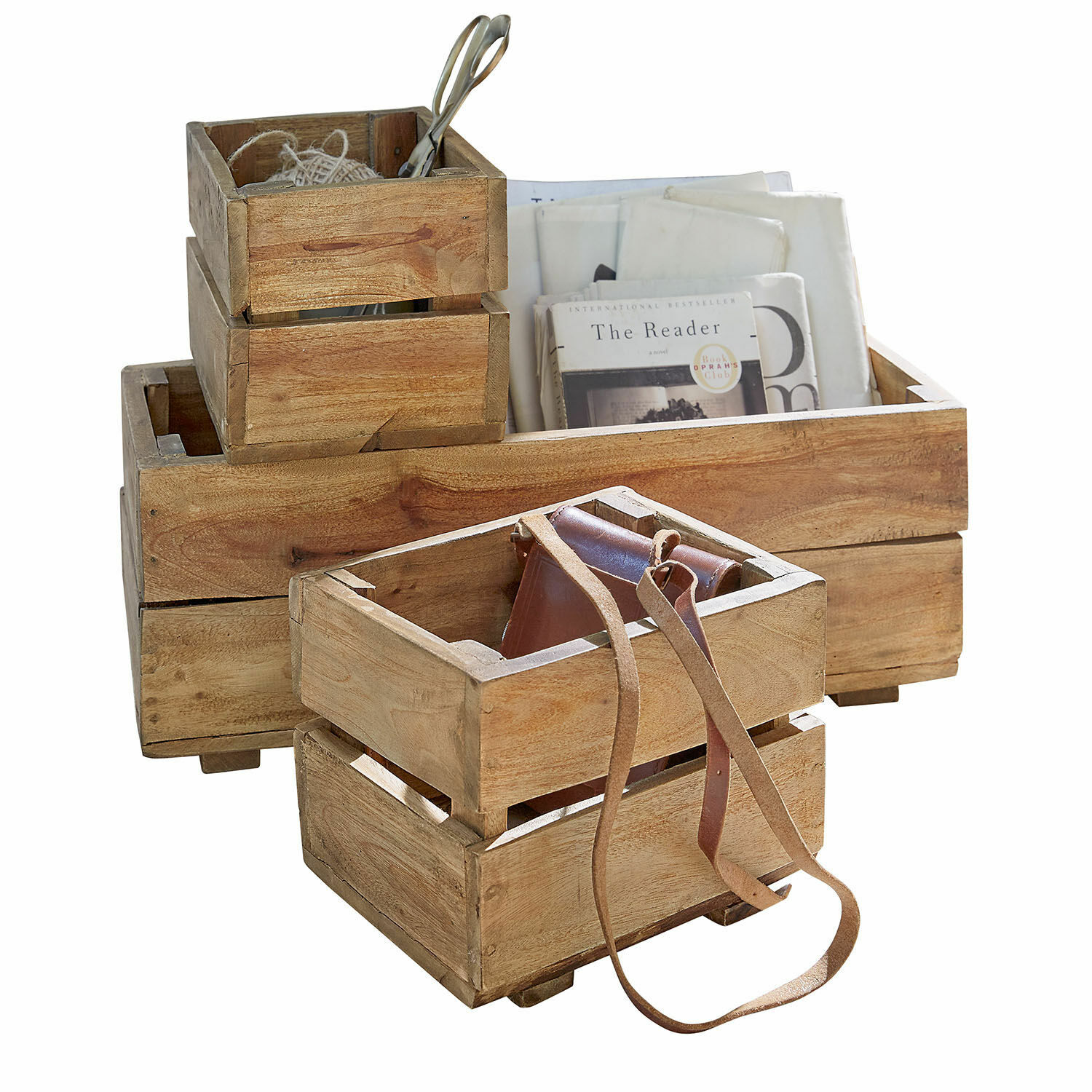 Set di 3 contenitori Madina Set di cassette in legno naturale con cinturino in pelle e libri per conservazione decorativa