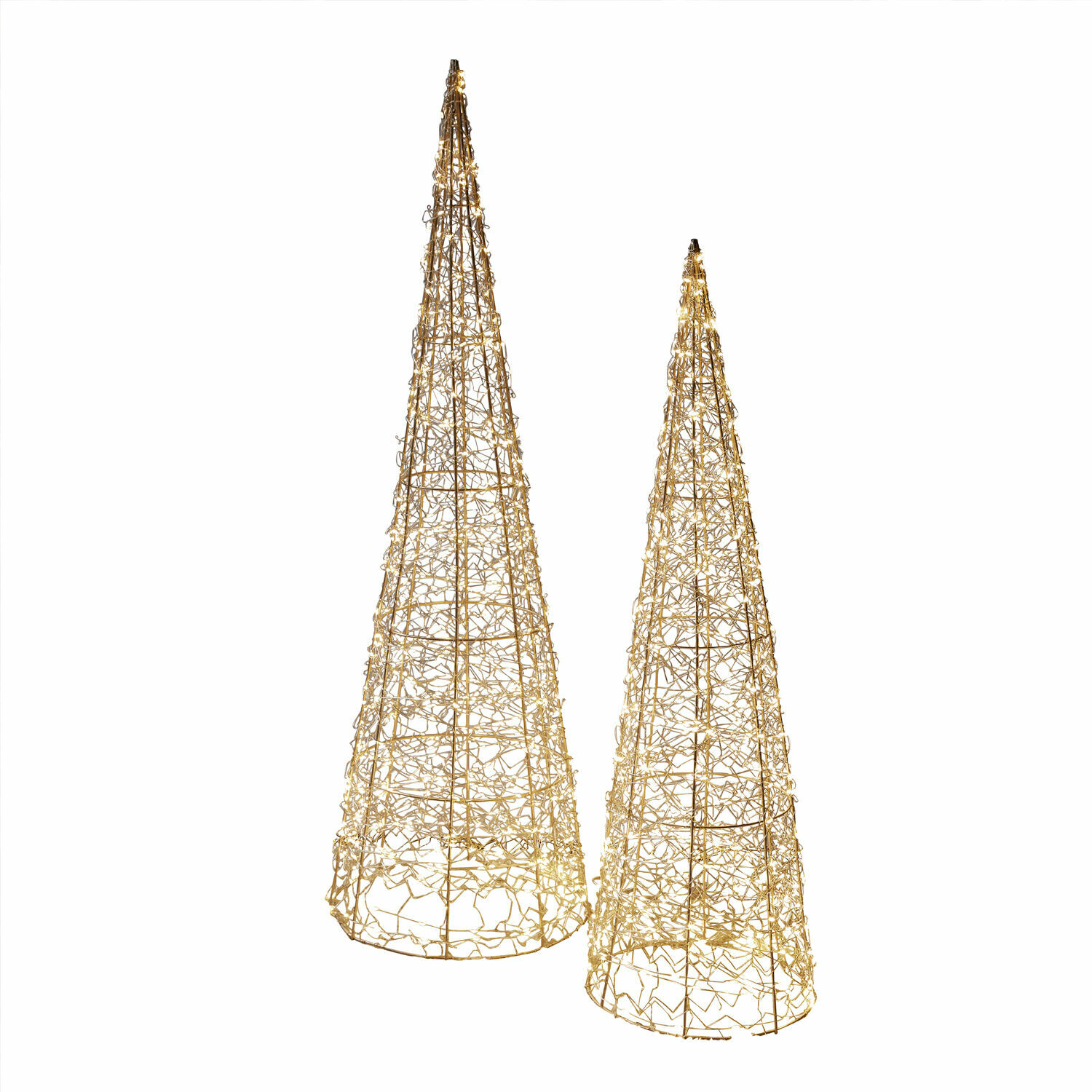 Coppia di alberelli con luci a LED Oakworth Due decorazioni coniche in rete metallica dorata con luci LED, ornamento natalizio luminoso
