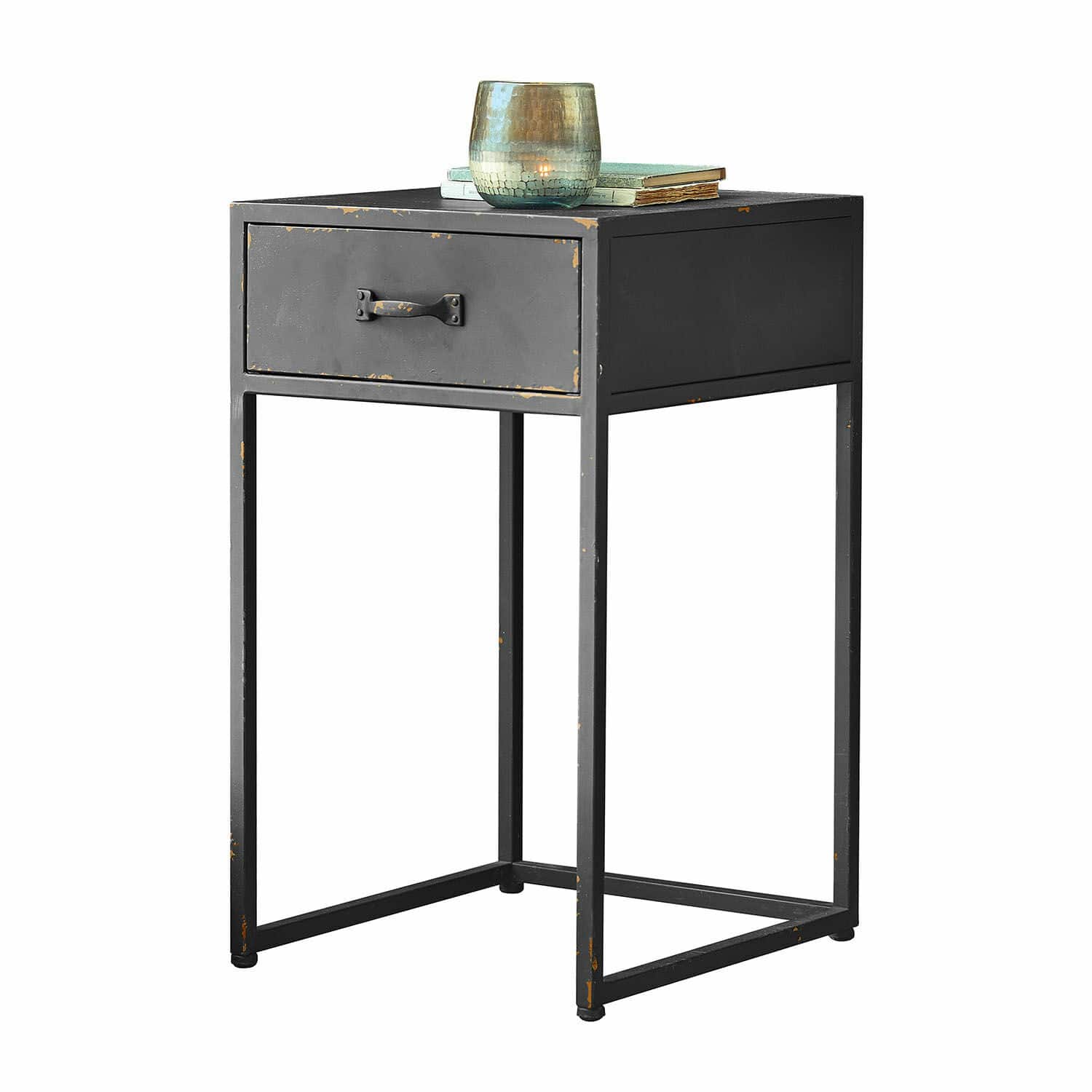 Comodino Lysandor Comodino nero in metallo con un cassetto e un portacandele decorativo sopra