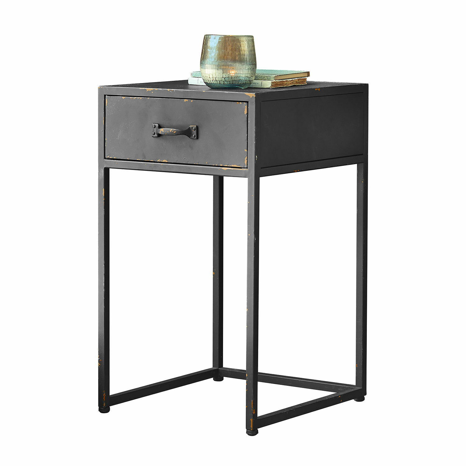 Comodino Lysandor Comodino nero in metallo con un cassetto e un portacandele decorativo sopra