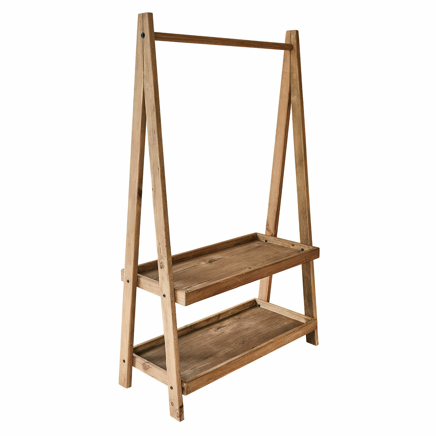 Appendiabiti Avel Supporto in legno naturale con due ripiani e barra, mobile versatile per conservazione e decorazione