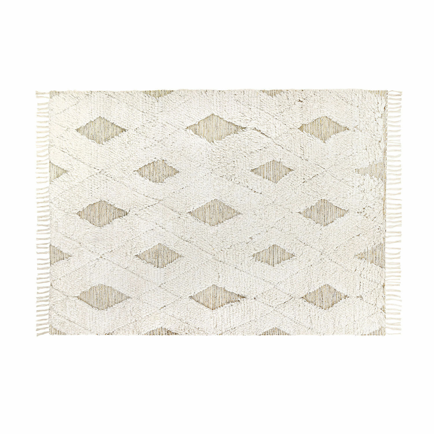 Tappeto per esterni e interni Meagan Tappeto bianco in cotone con motivo geometrico e frange, decorazione morbida per interni