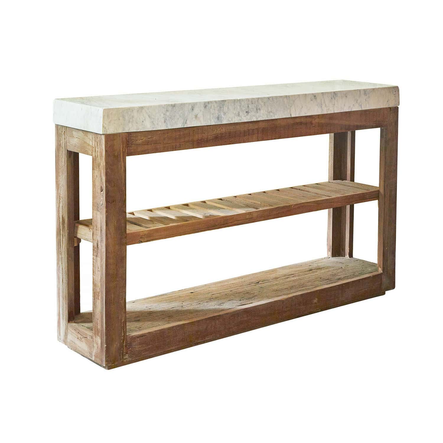 Consolle Tresienne Consolle con piano in marmo bianco e struttura in legno naturale, mobile per soggiorno