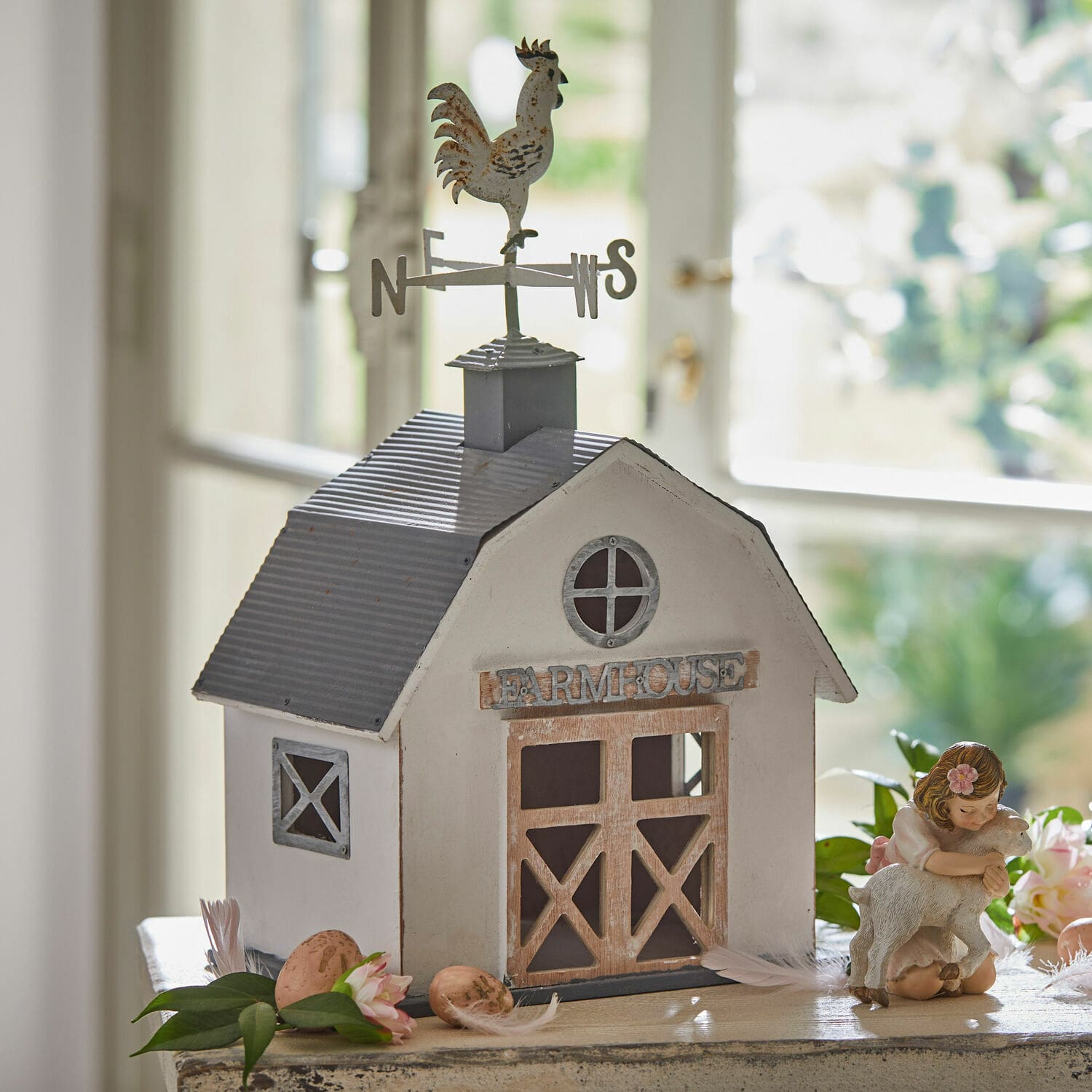 Casetta decorativa Beaujeau Casetta decorativa bianca in metallo con gallo sul tetto e scritta farmhouse, decorazione rustica