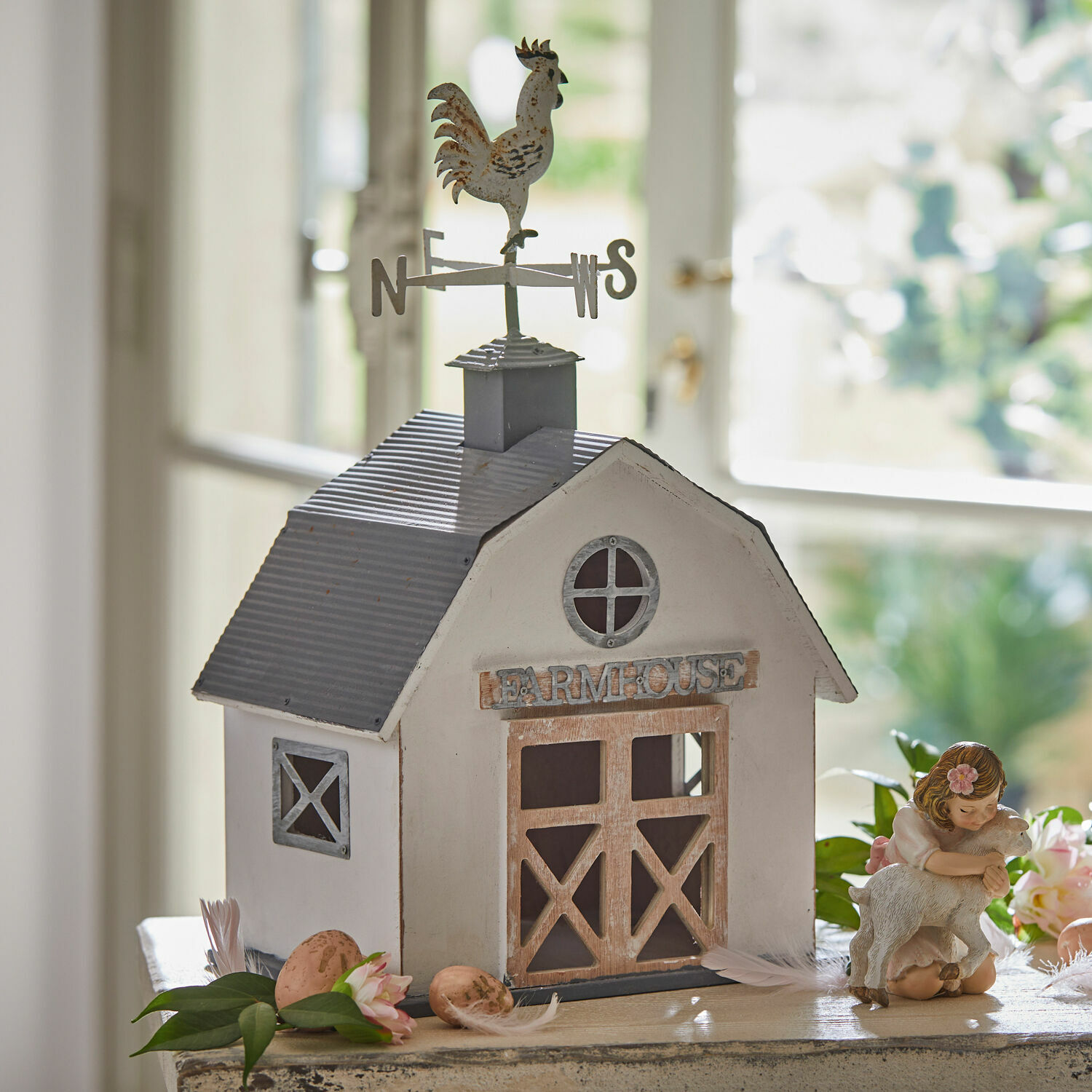 Casetta decorativa Beaujeau Casetta decorativa bianca in metallo con gallo sul tetto e scritta farmhouse, decorazione rustica