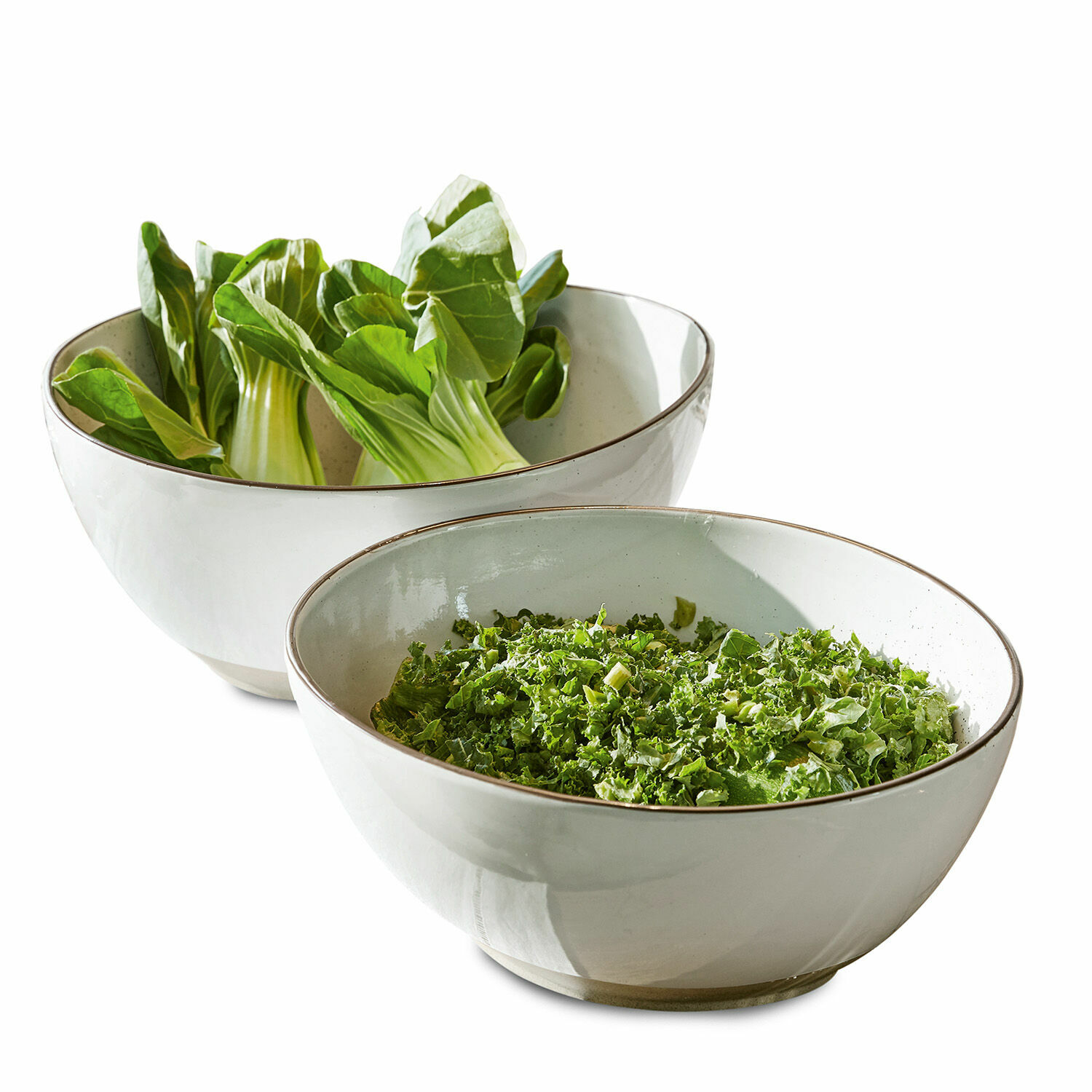 Coppia di insalatiere Biarré Set di due ciotole in ceramica chiara con verdure verdi, ideale per insalate