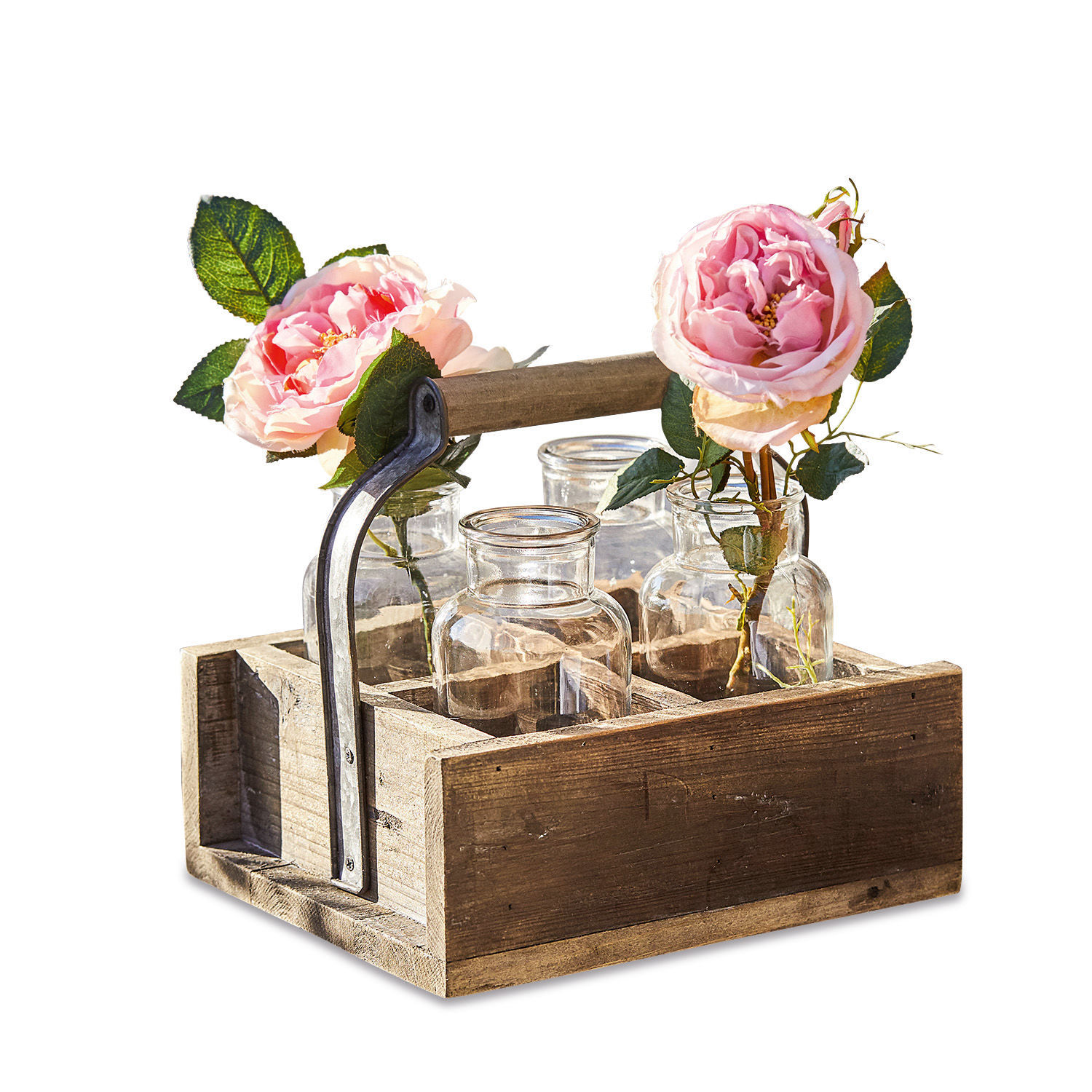 Set di 4 vasetti con cassetta Reverie Portabottiglie in legno con quattro vasi di vetro e fiori rosa per decorazione casa