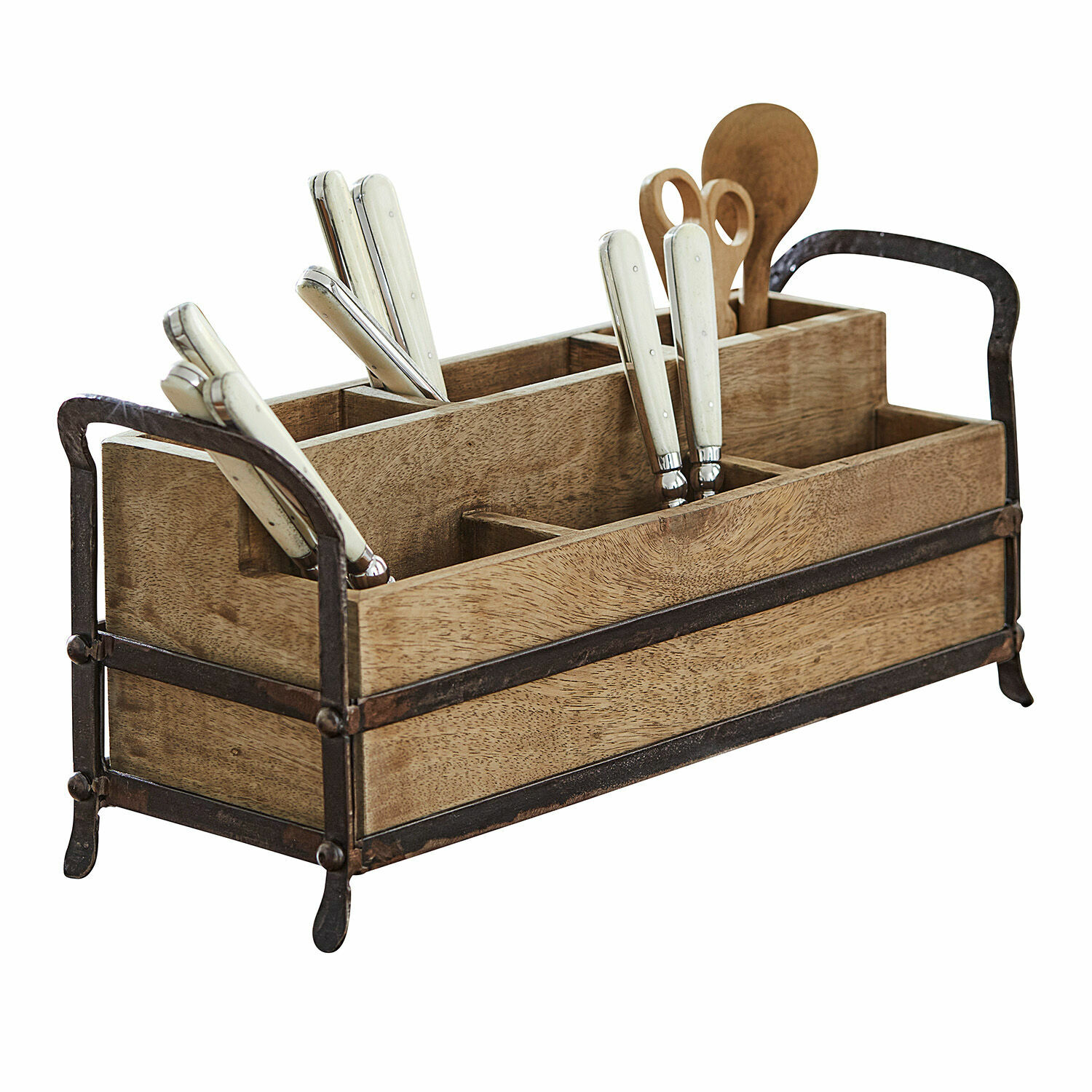 Portaoggetti Troyes Organizer da cucina in legno con manici in metallo e posate bianche, contenitore pratico