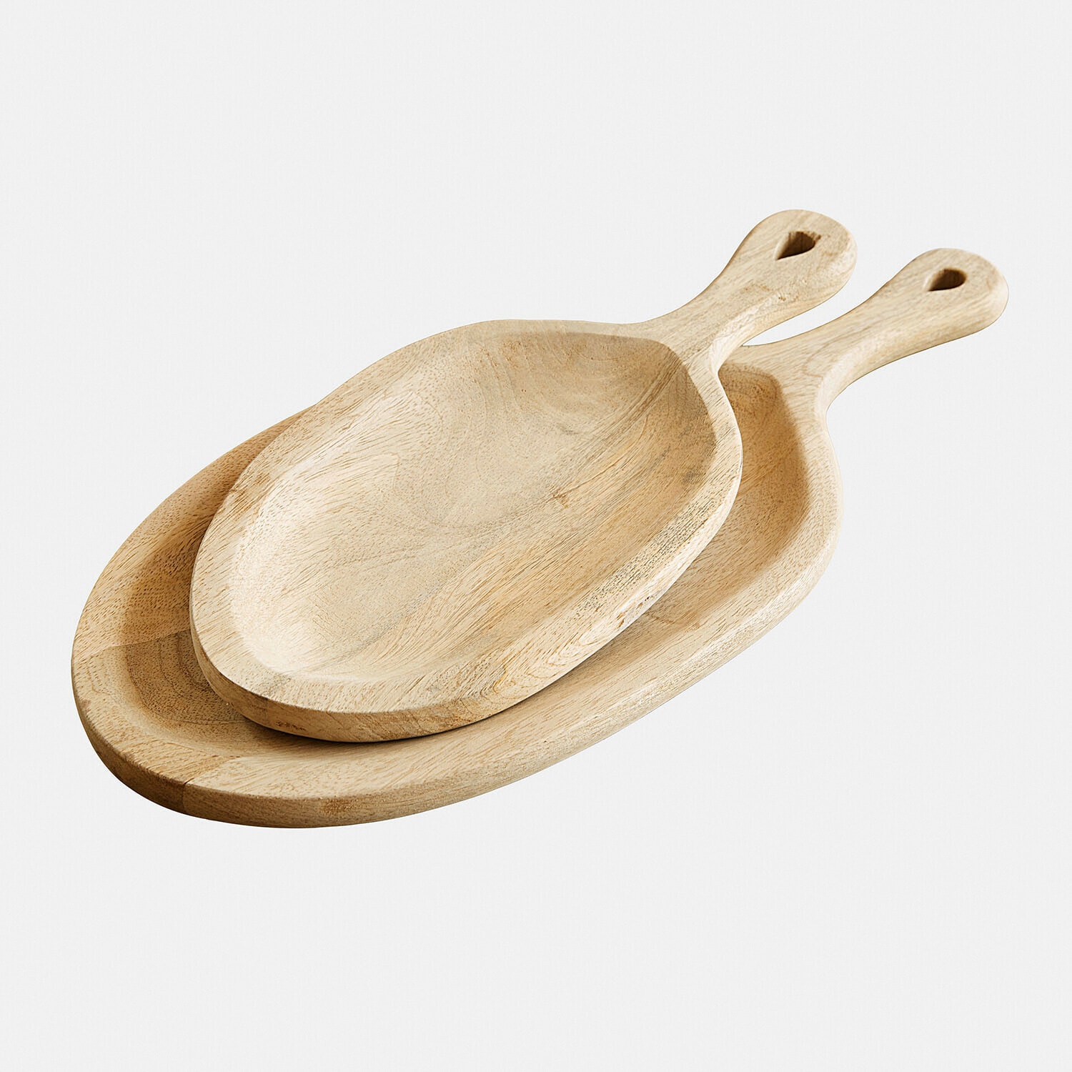 Coppia di vassoi Nolaria Due taglieri in legno chiaro con manici, accessori da cucina naturali e funzionali