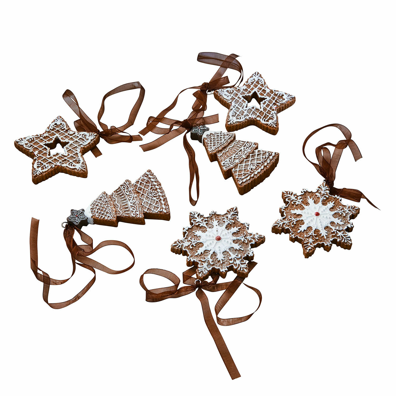Set di 6 ciondoli Chimayo Set di decorazioni natalizie in pan di zenzero a forma di stella, albero e fiocco con nastro marrone