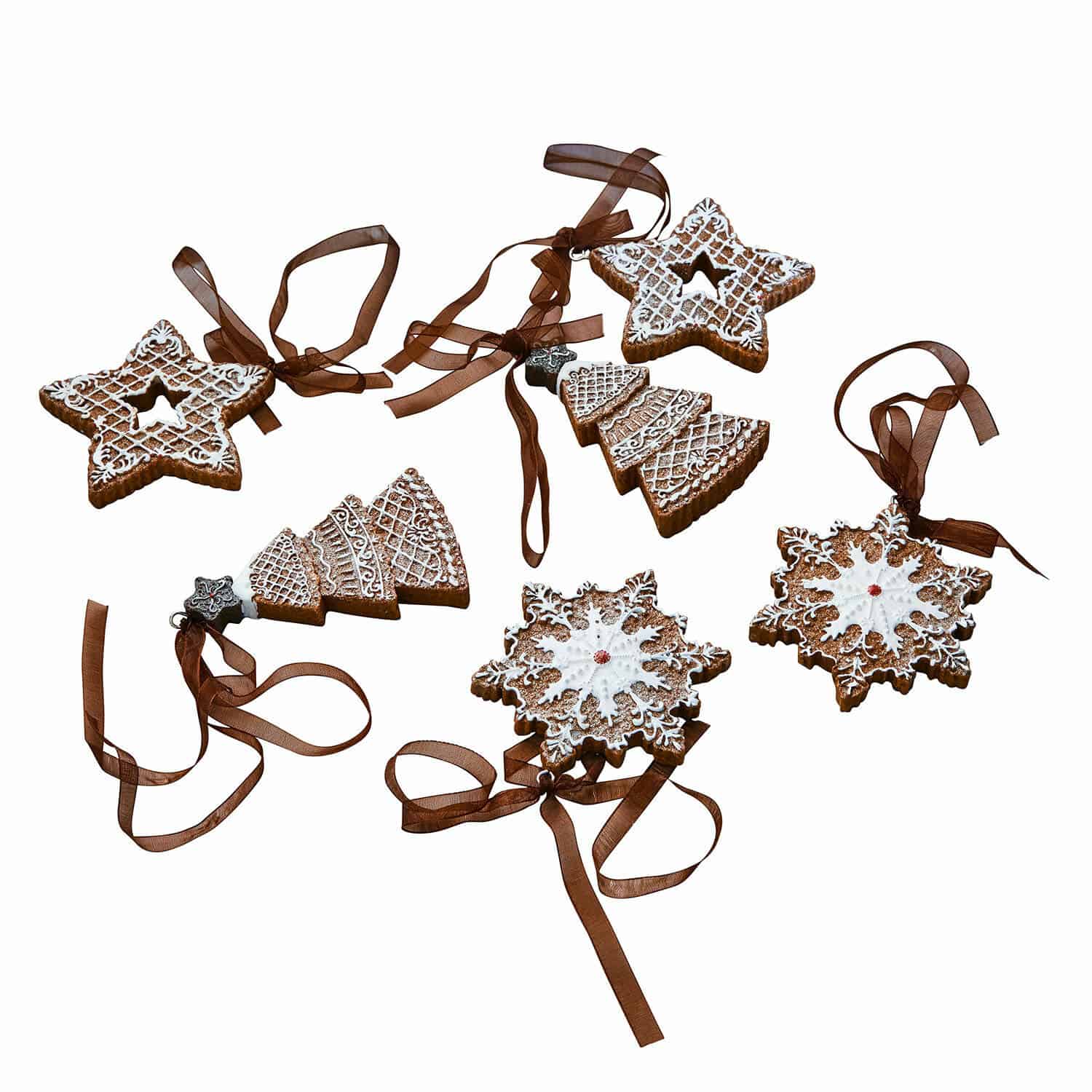 Set di 6 ciondoli Chimayo Set di decorazioni natalizie in pan di zenzero a forma di stella, albero e fiocco con nastro marrone