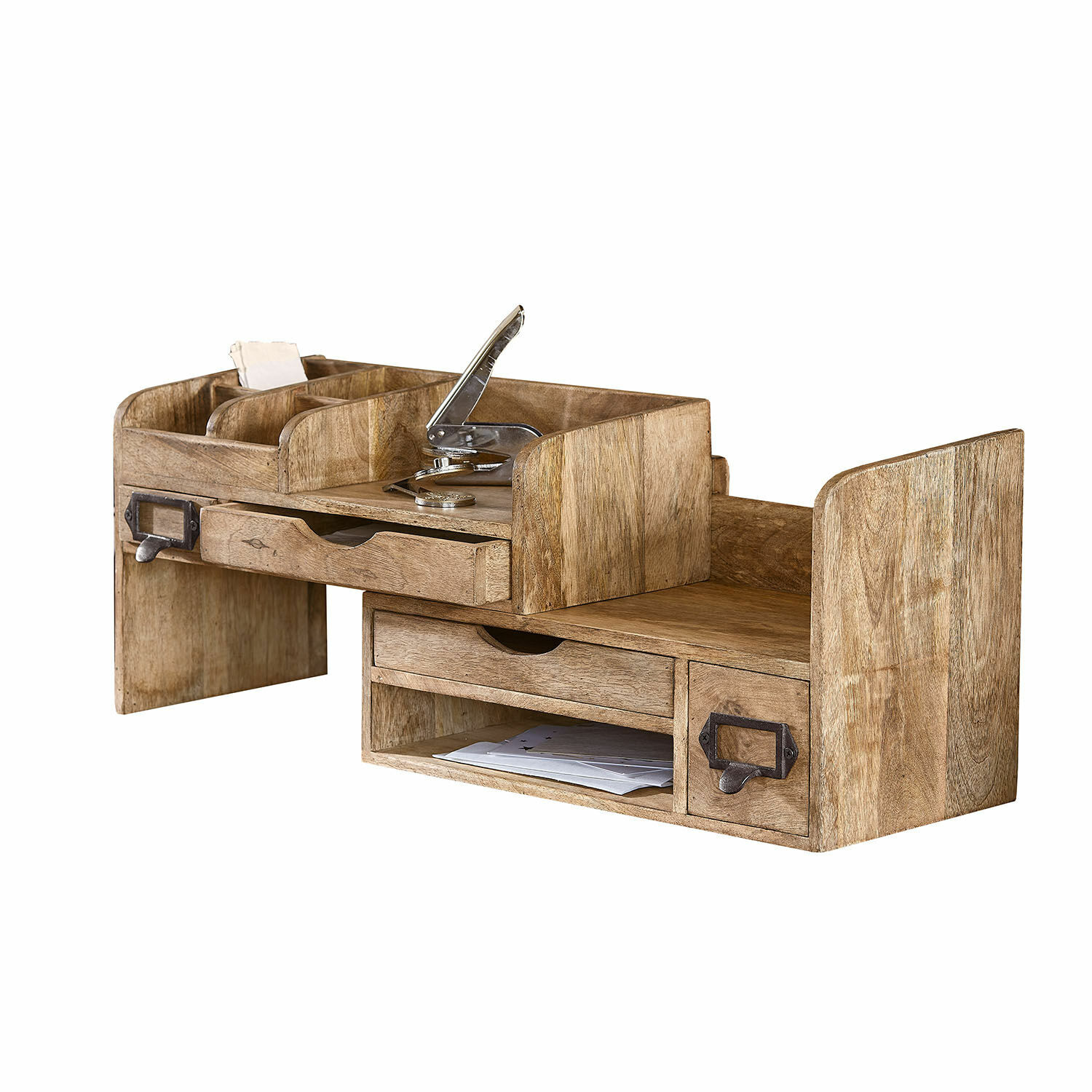 Portaoggetti Fairhaven Organizzatore da scrivania in legno naturale con cassetti e scomparti per documenti e accessori