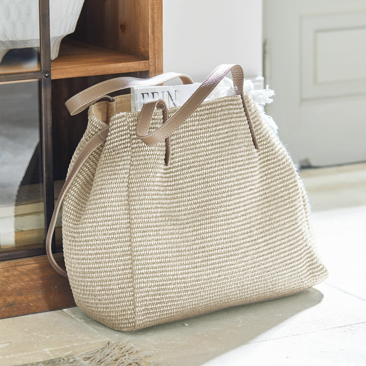 Borsa Treffrin Borsa beige in materiale intrecciato con manici in pelle marrone, borsa elegante per la spesa