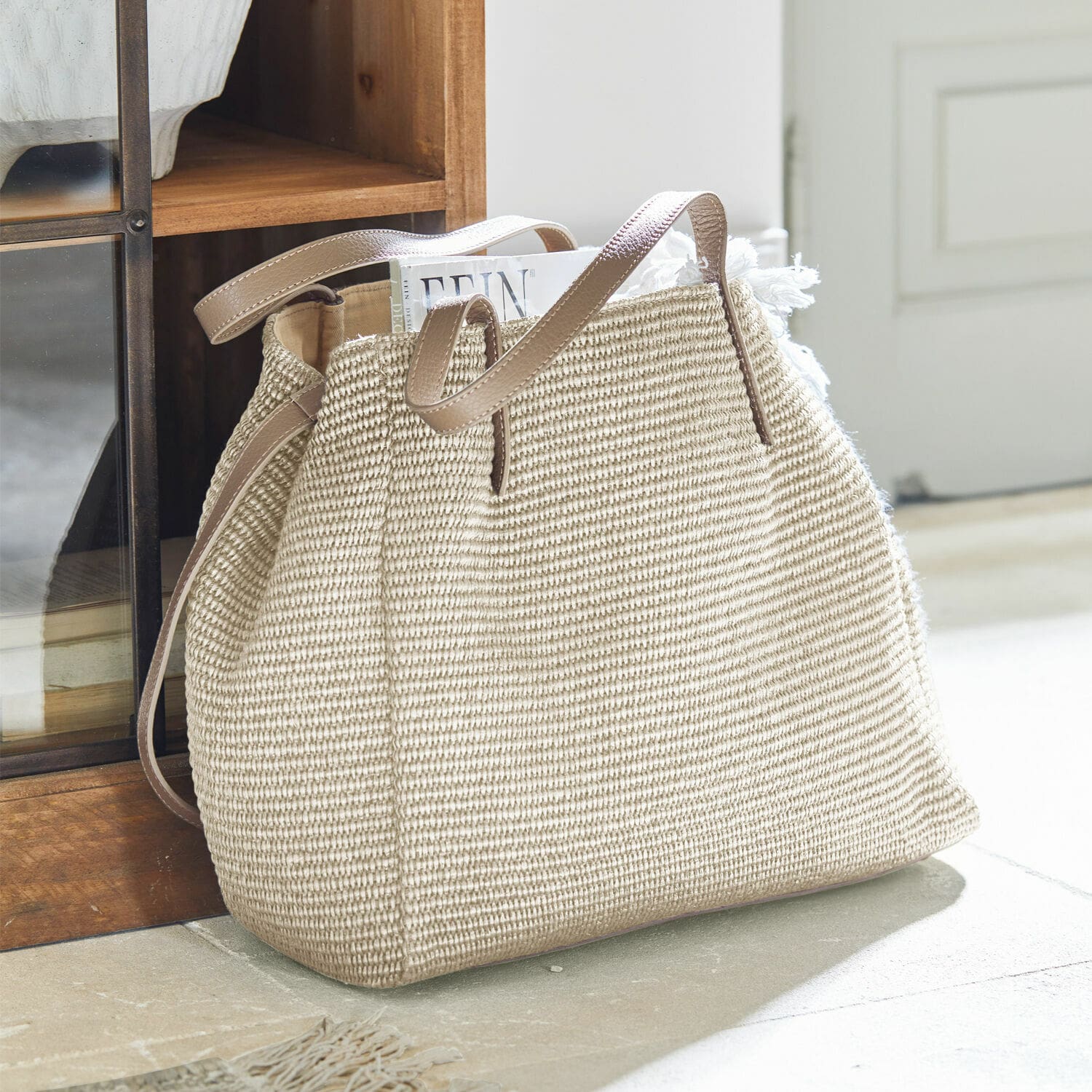 Borsa Treffrin Borsa beige in materiale intrecciato con manici in pelle marrone, borsa elegante per la spesa
