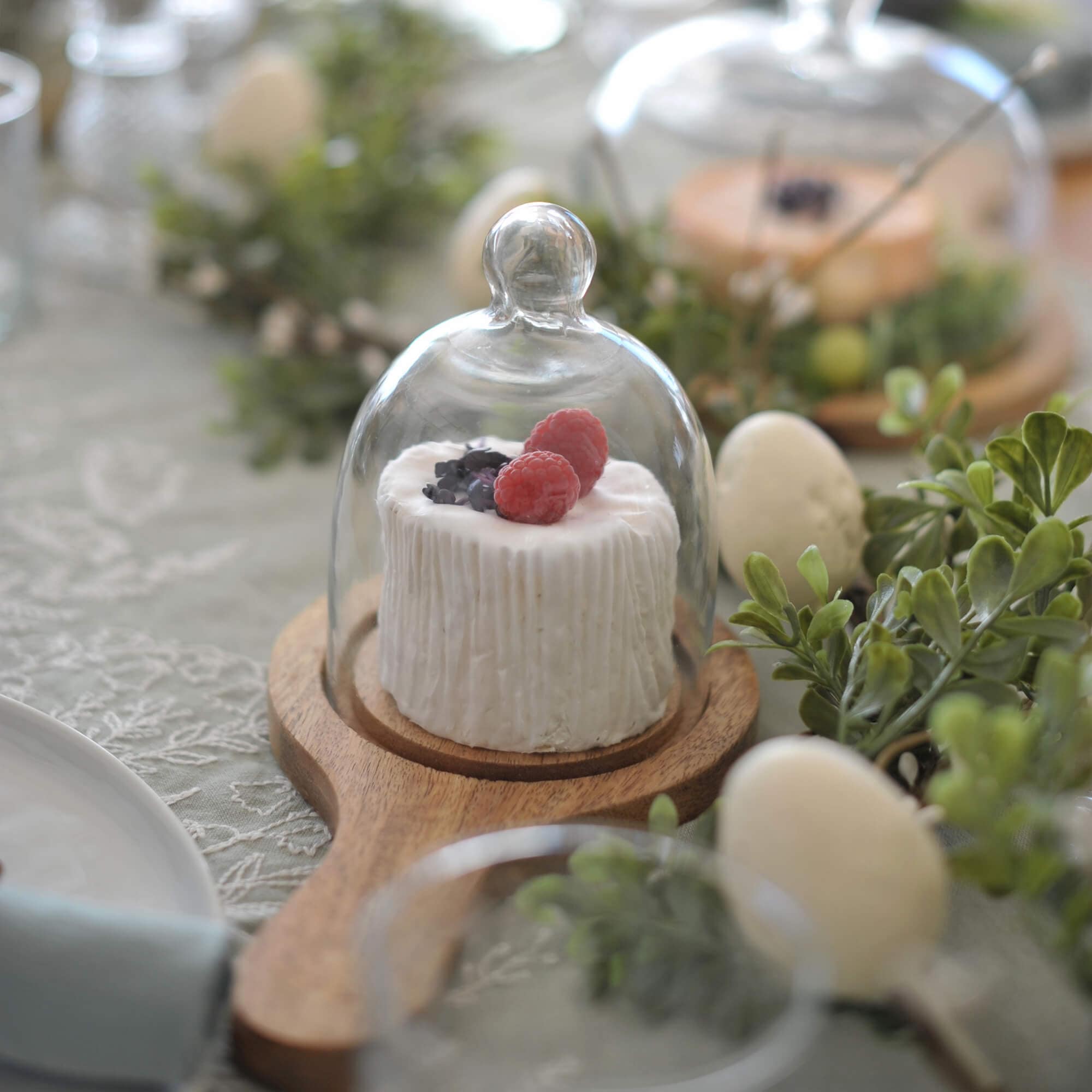 Formaggio decorativo bianco con lamponi sotto campana di vetro su base in legno con piante verdi