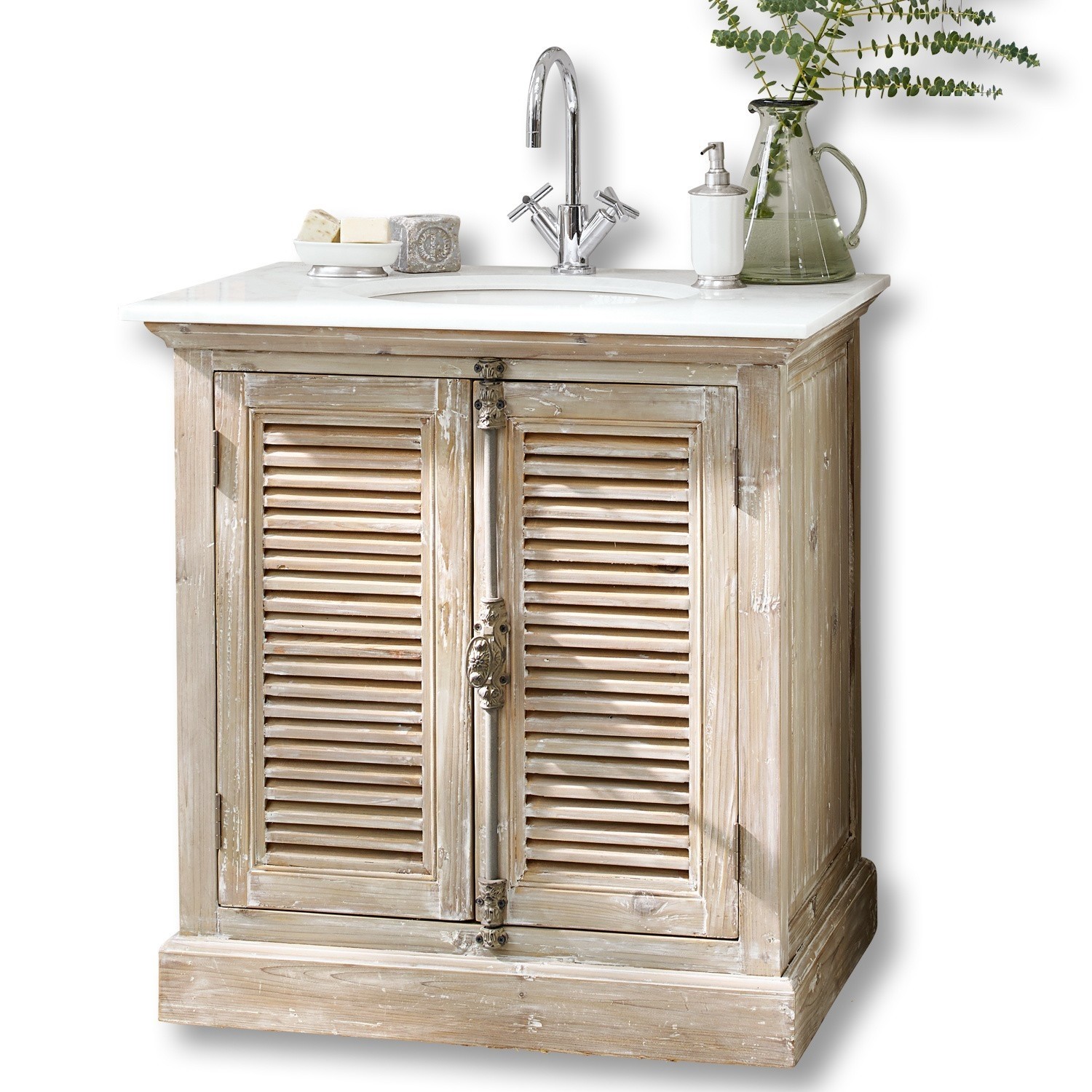 Mobile per lavabo Cuthbert Mobile bagno rustico in legno con piano in marmo bianco e rubinetto cromato