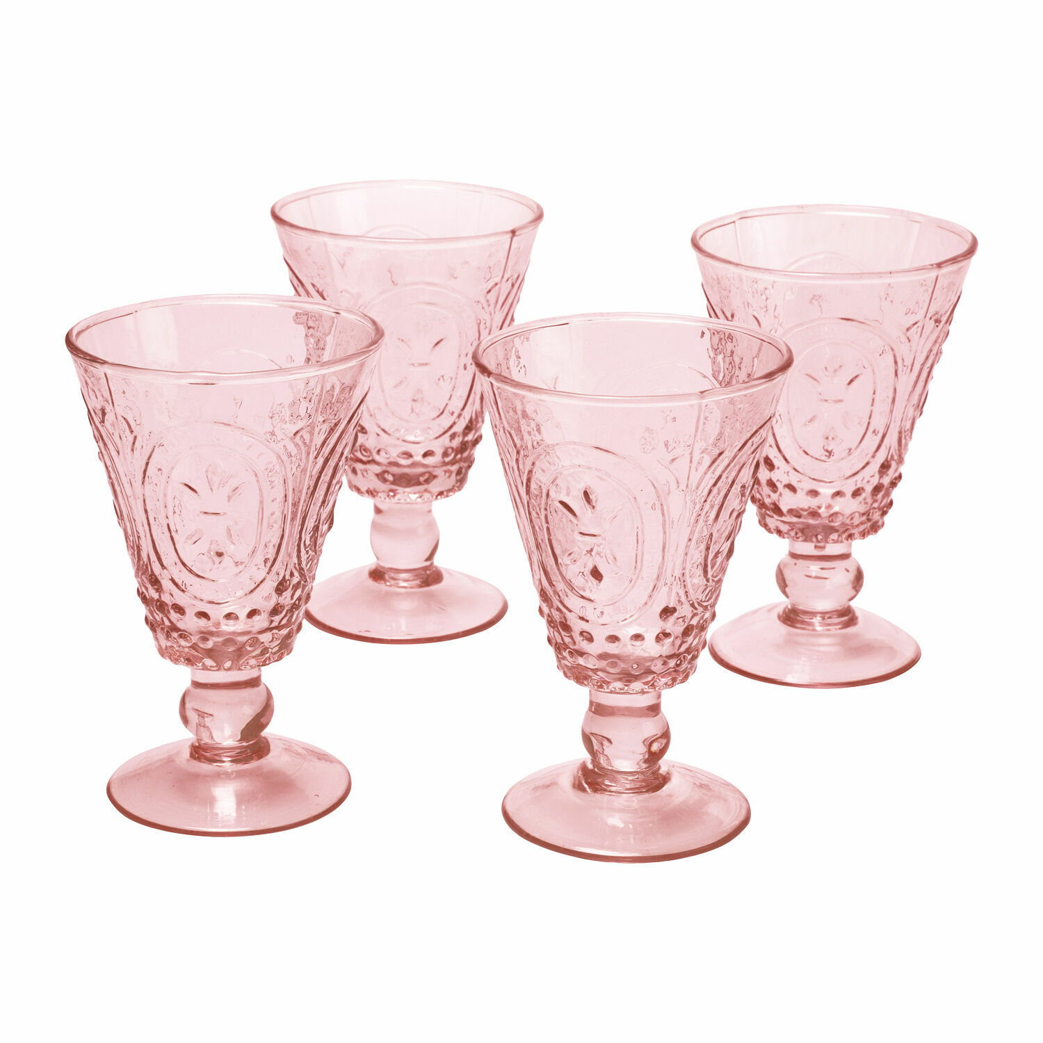 Set di 4 bicchieri da vino Sarton Set di quattro bicchieri rosa in vetro trasparente con motivo decorativo per bevande