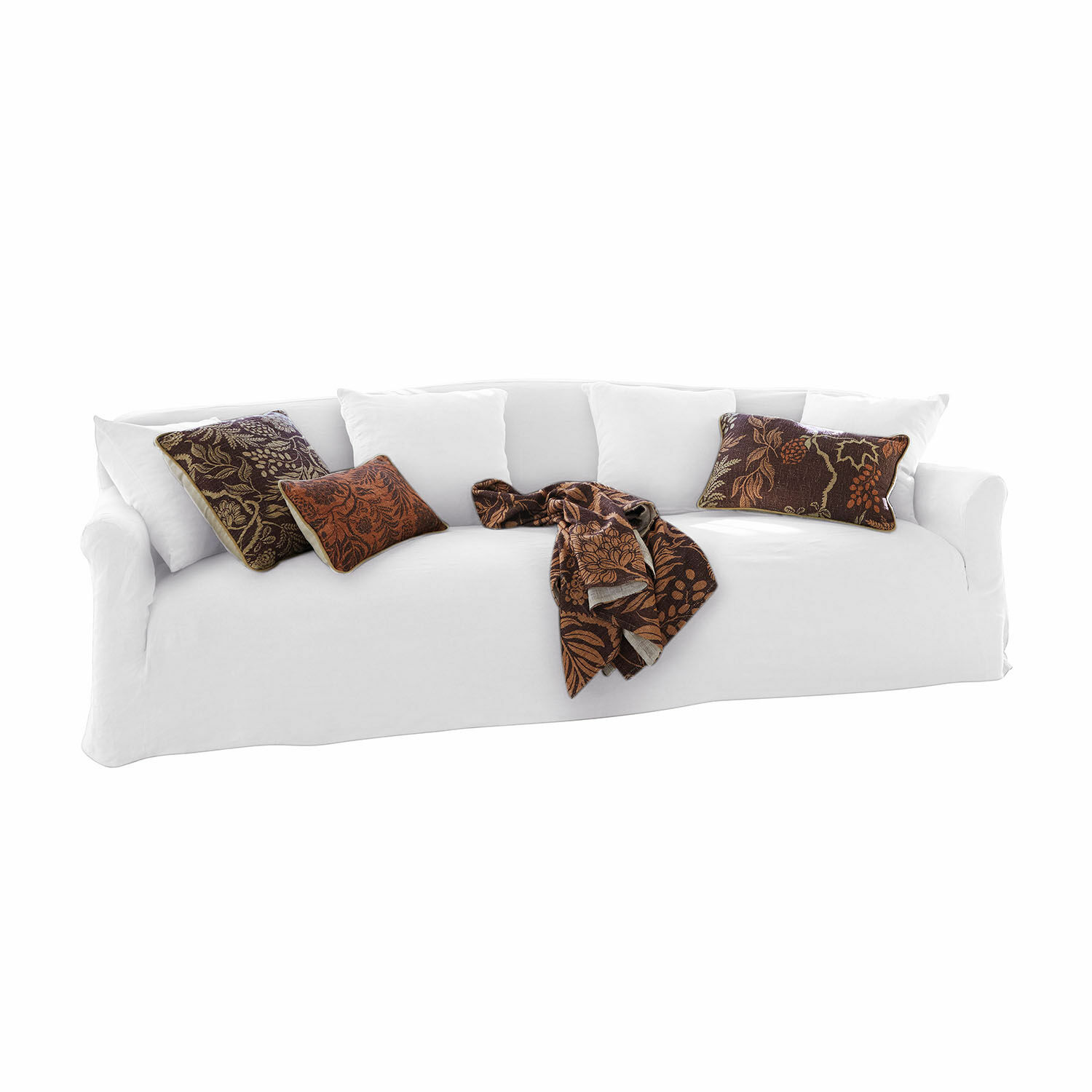 Divano Riveneuve Divano bianco in tessuto con cuscini decorativi marroni e coperta, mobile moderno per soggiorno
