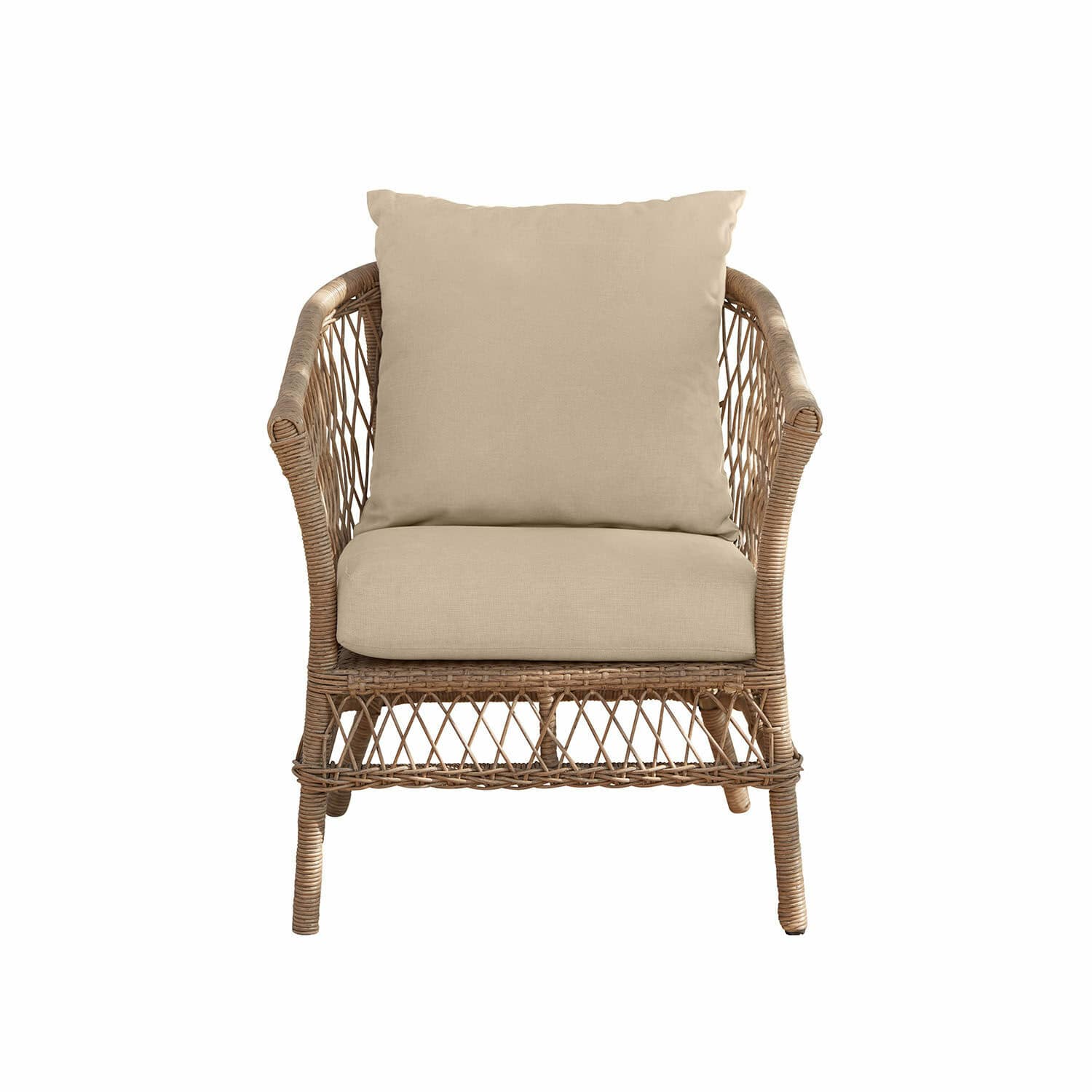 Poltrona Farington Poltrona in rattan con cuscini beige, materiale naturale, ideale per soggiorno e giardino