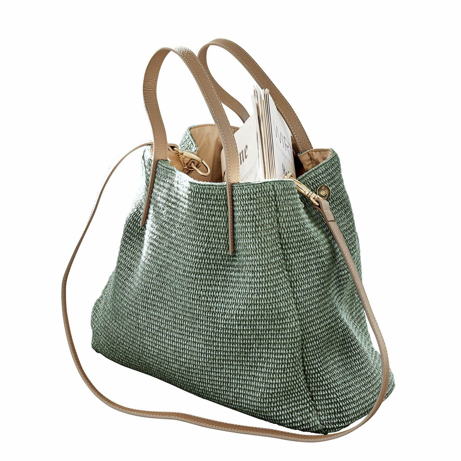 verde Borsa verde in materiale intrecciato con manici e tracolla beige, capiente e alla moda