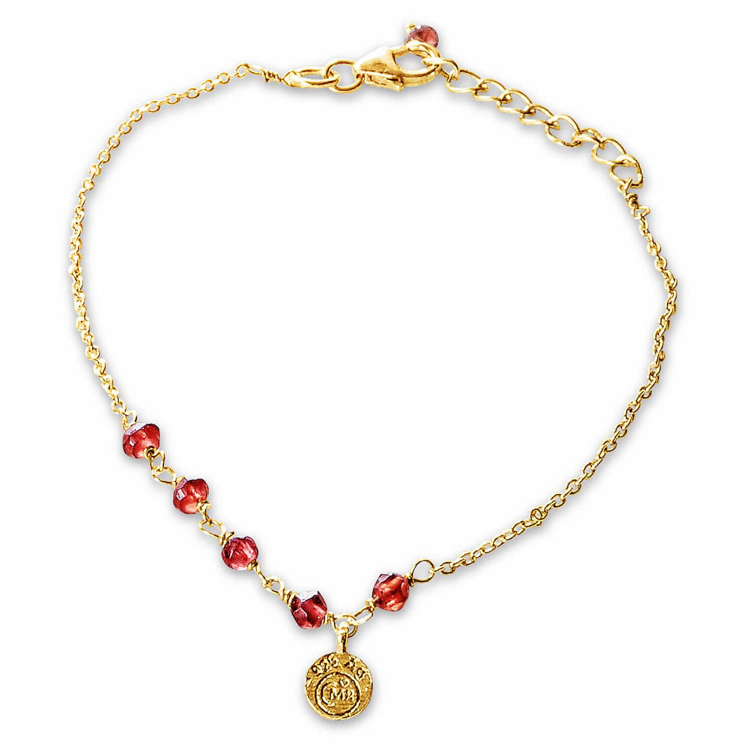 Braccialetto Okala Braccialetto sottile in oro con pietre rosse e medaglione decorativo, gioiello da donna