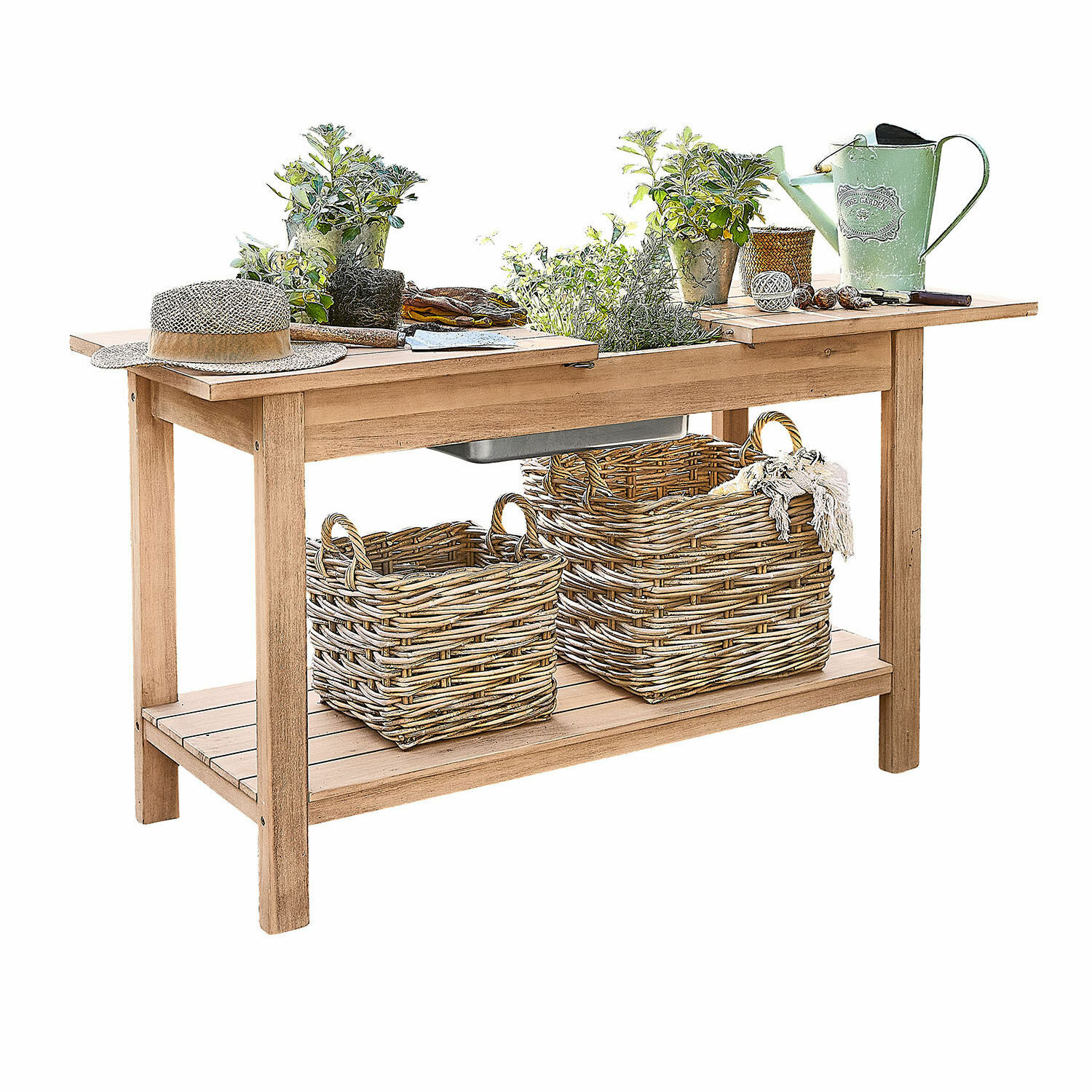 Tavolo per giardinaggio FSC®-100% Venzone Tavolo da giardino in legno con cesti di vimini e piante verdi, attrezzi da giardinaggio