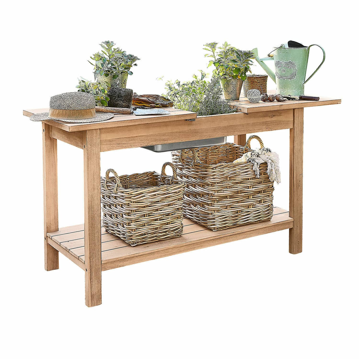 Tavolo per giardinaggio FSC®-100% Venzone Tavolo da giardino in legno con cesti di vimini e piante verdi, attrezzi da giardinaggio