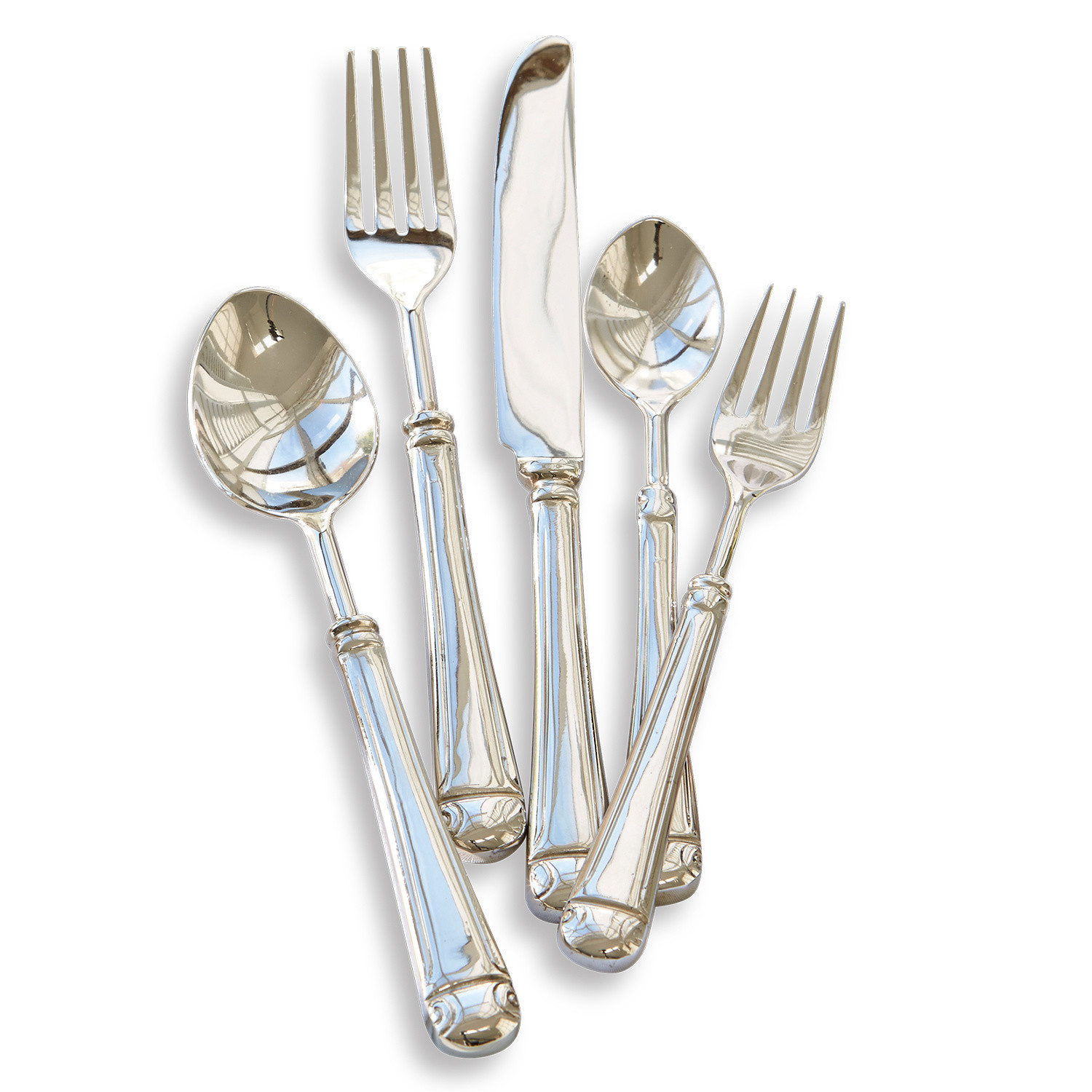 Posate Eriat Set di posate in acciaio inossidabile argentato su sfondo bianco, accessori da cucina eleganti