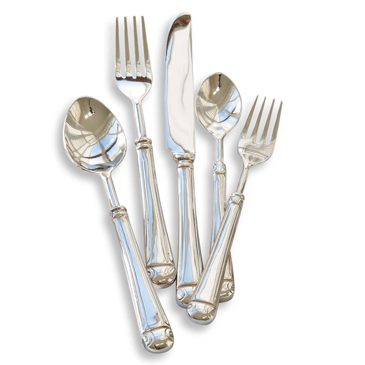 Posate Eriat Set di posate in acciaio inossidabile argentato su sfondo bianco, accessori da cucina eleganti