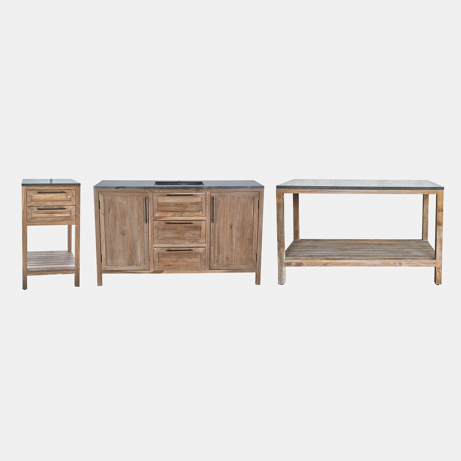 Set di 3 mobili da cucina per esterni Corviano Set di mobili da bagno in legno di teak con piano in pietra, colore naturale, armadi e scaffali pratici