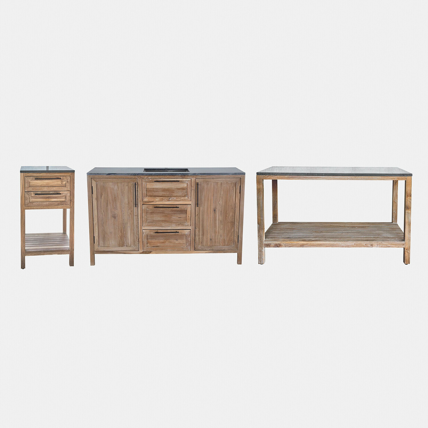Set di 3 mobili da cucina per esterni Corviano Set di mobili da bagno in legno di teak con piano in pietra, colore naturale, armadi e scaffali pratici