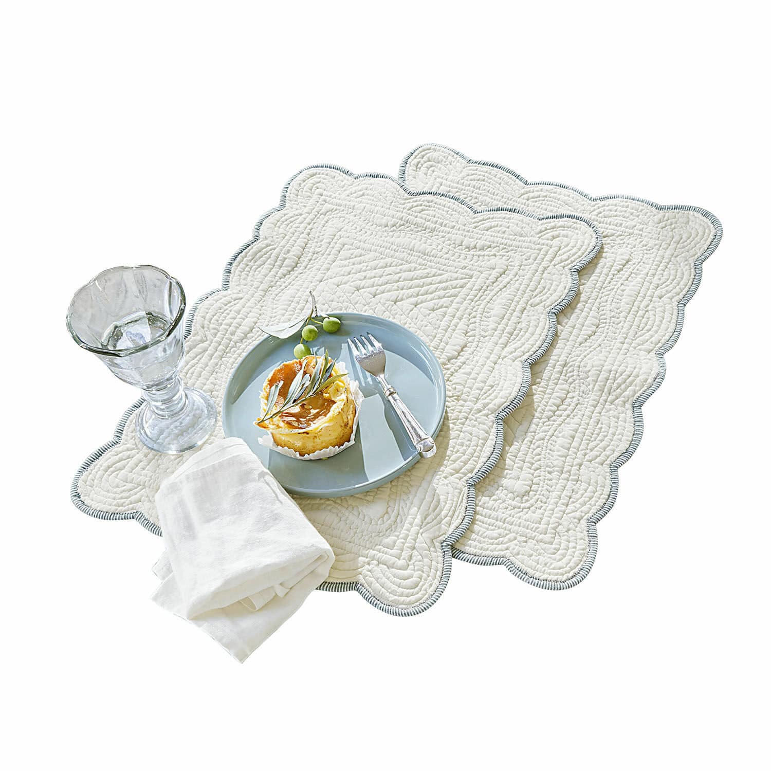 Coppia di tovagliette Fontienne Set di due tovagliette in cotone crema con trapuntatura decorativa e bordo grigio