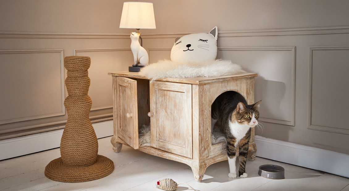 Cuccia per gatti in legno beige con cuscino morbido e tiragraffi in corda in ambiente accogliente