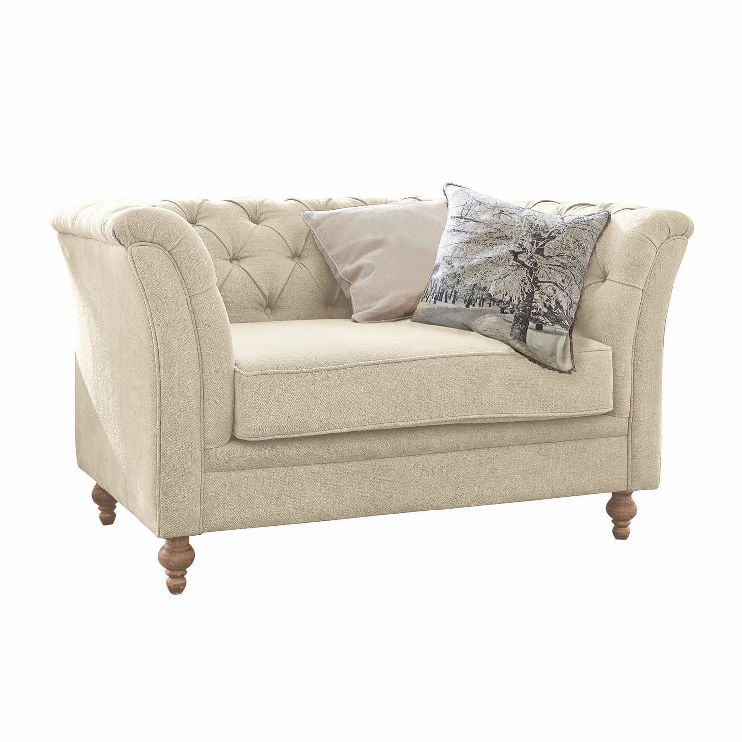 Divano Clères Divano beige in tessuto con schienale capitonné e gambe in legno, decorato con due cuscini
