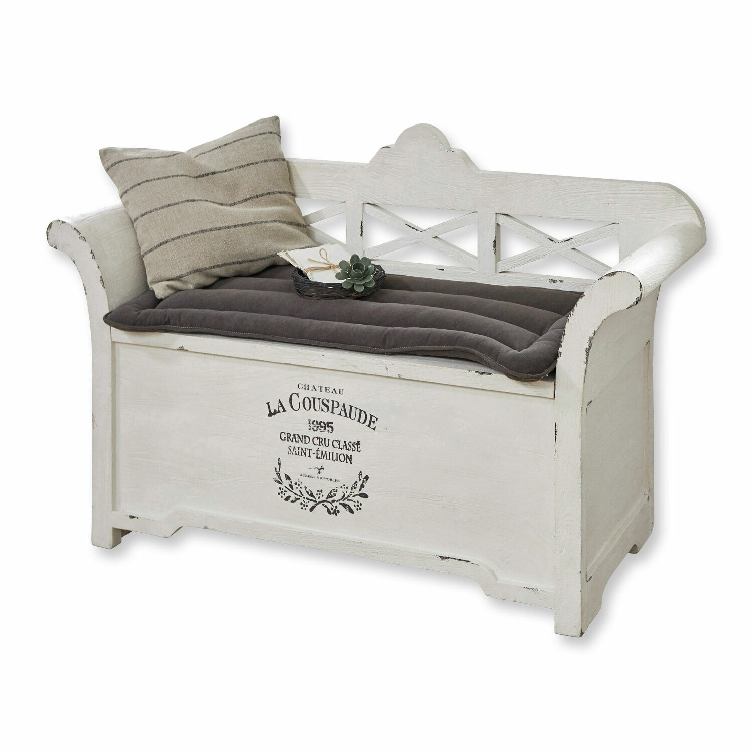 Panca Fioen Panca in legno bianco con contenitore, cuscino grigio e scritta decorativa frontale