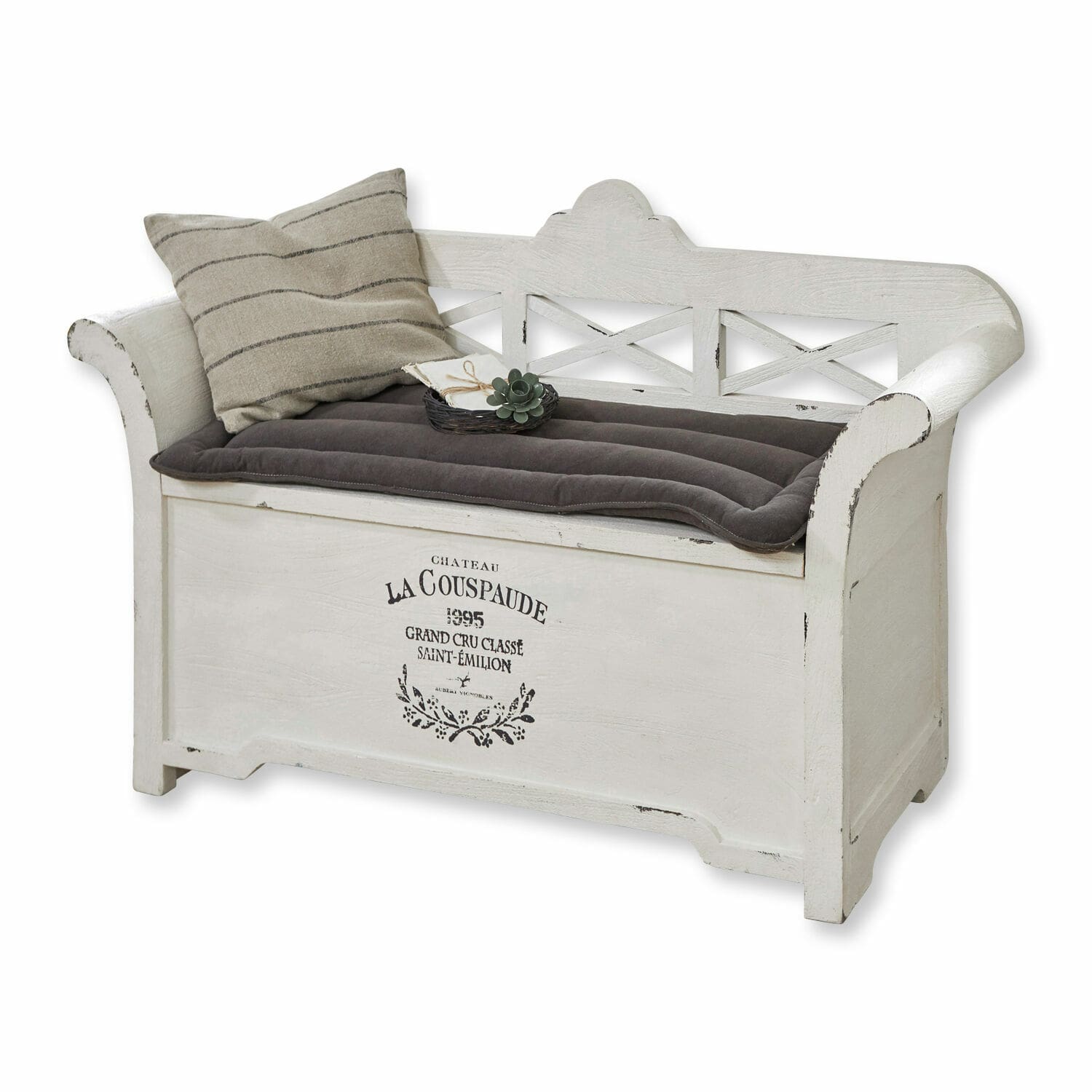 Panca Fioen Panca in legno bianco con contenitore, cuscino grigio e scritta decorativa frontale