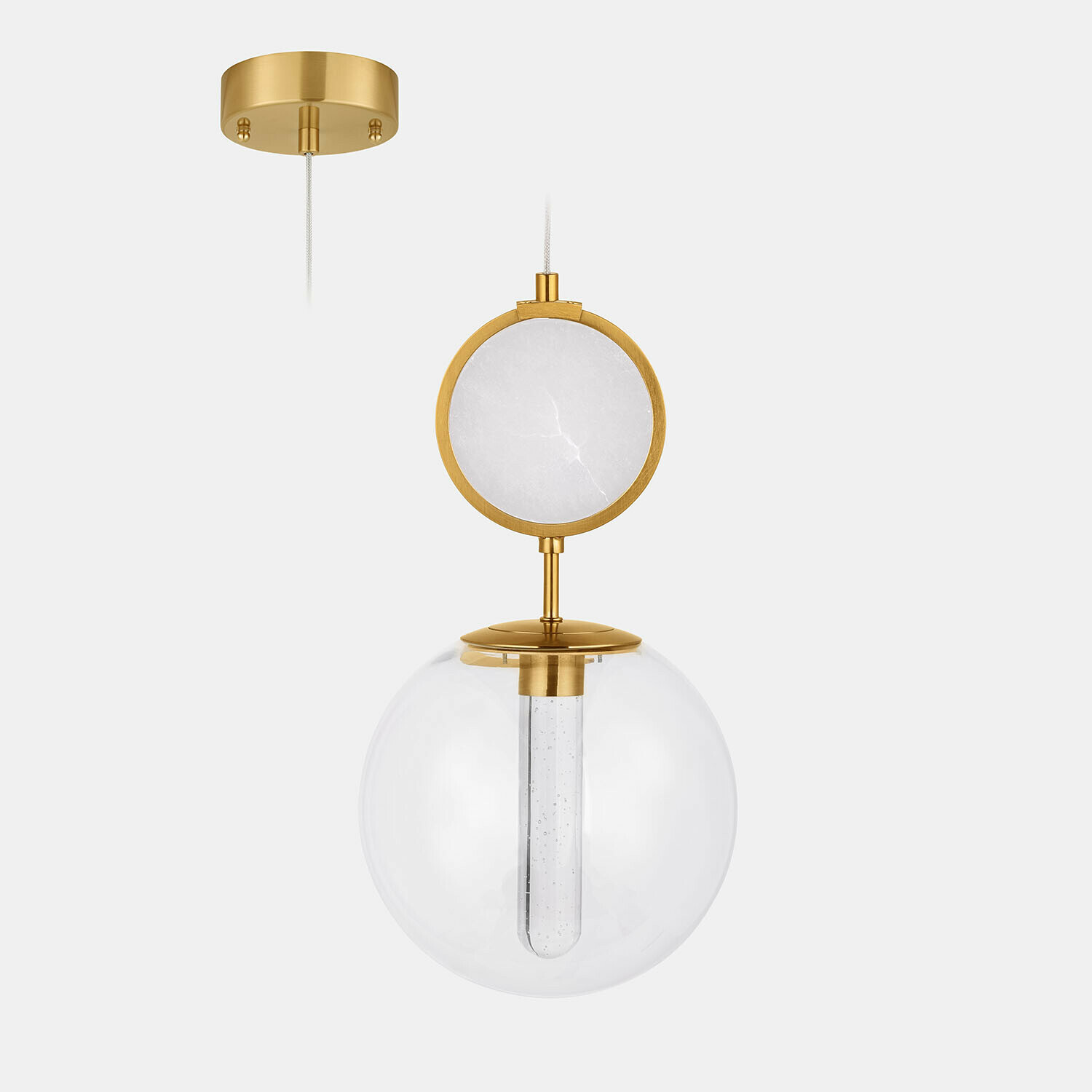 Lampada a sospensione a LED Corvane Lampada a sospensione dorata con globo in vetro trasparente e dettaglio in marmo bianco, illuminazione moderna