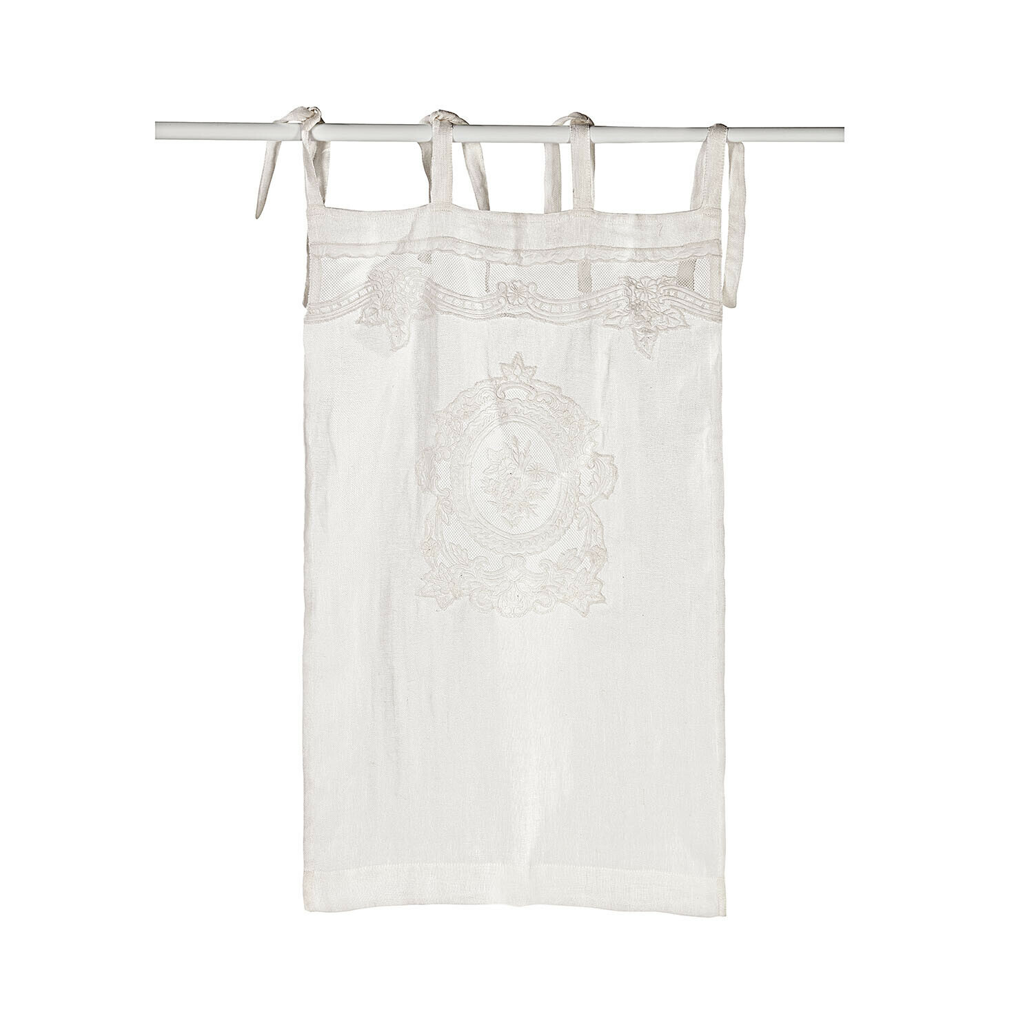 Tendina Mesnay Tenda beige in lino leggero con ricamo e nastri, decorazione finestra vintage