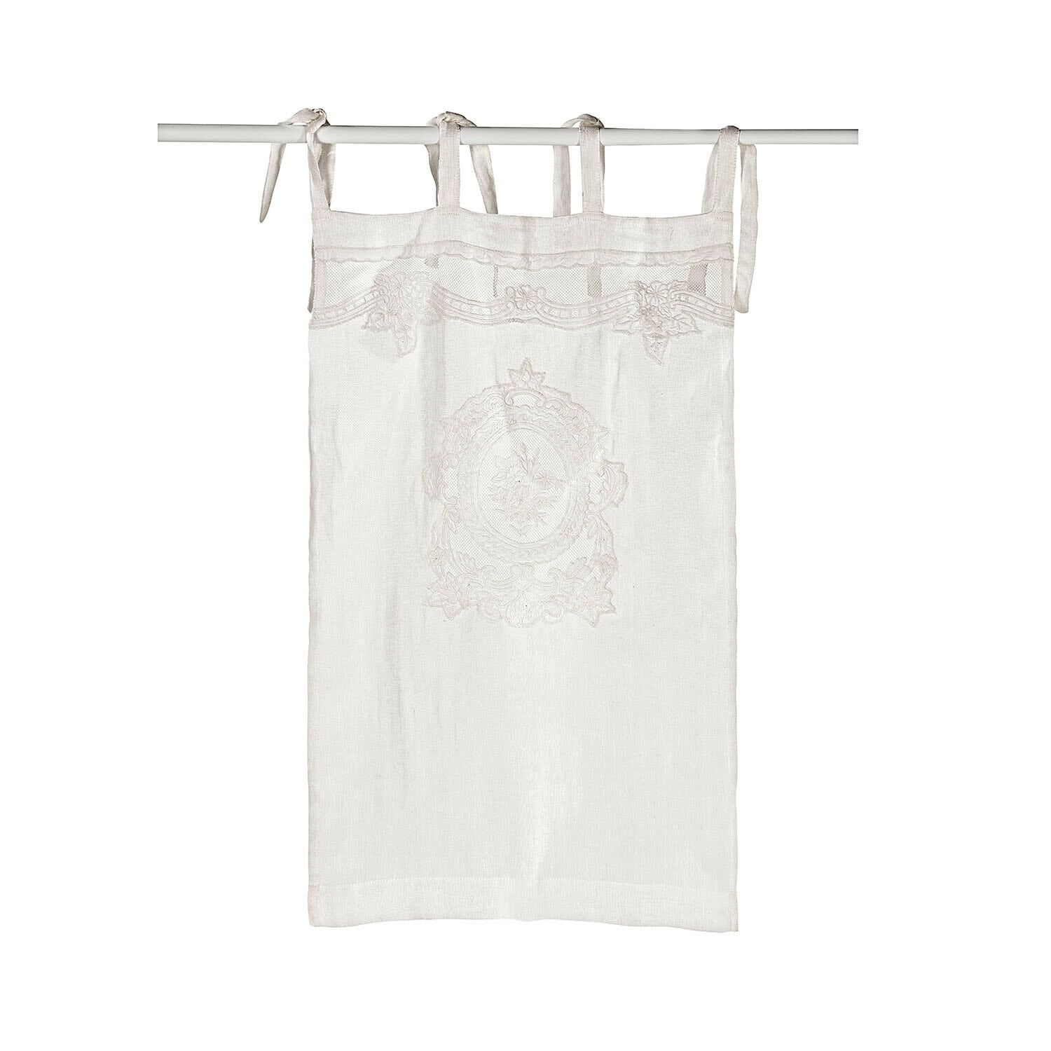 Tendina Mesnay Tenda beige in lino leggero con ricamo e nastri, decorazione finestra vintage