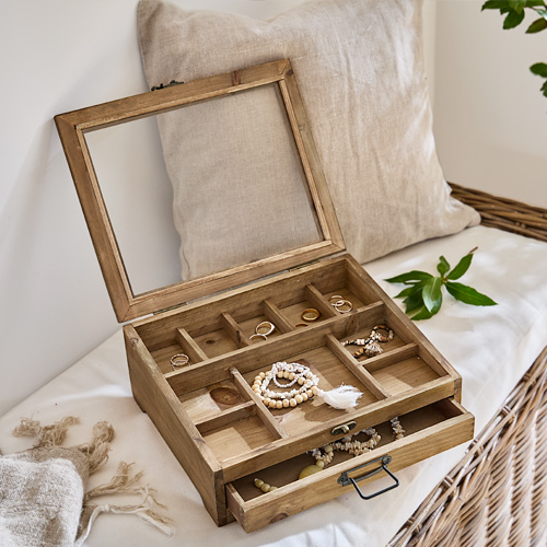 Scatola portagioie in legno naturale con scomparti e cassetto, organizer per anelli e braccialetti